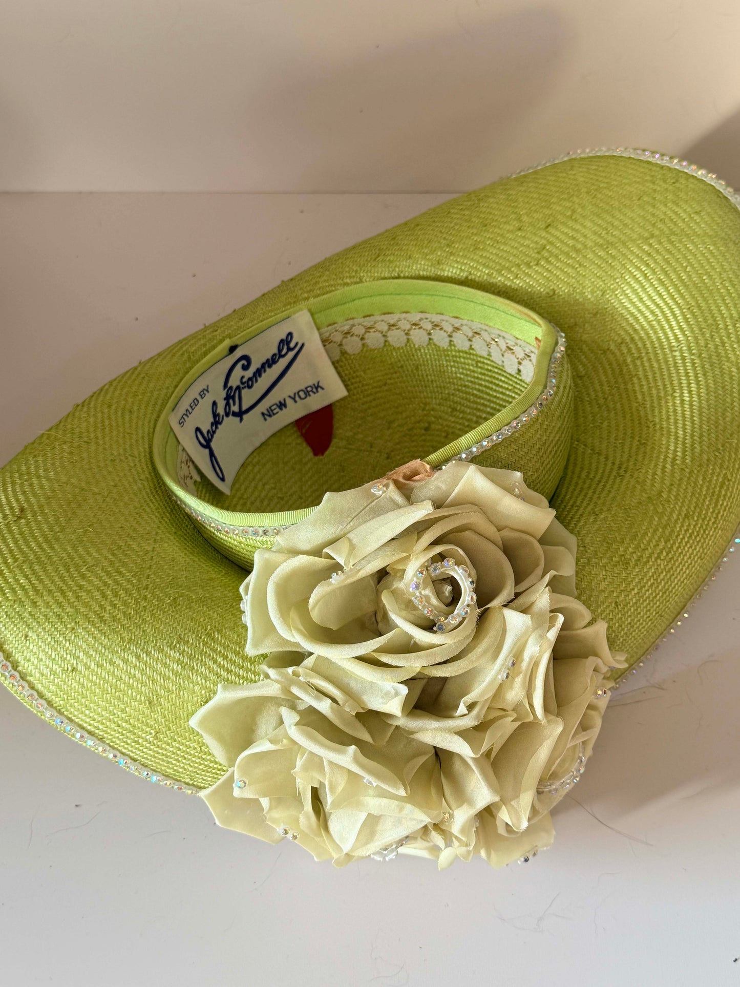 Vintage Jack McConnell Wide Brim Hat | Lime Green Floral Statement Hat | Couture Derby Hat | Rhinestone Rose Millinery