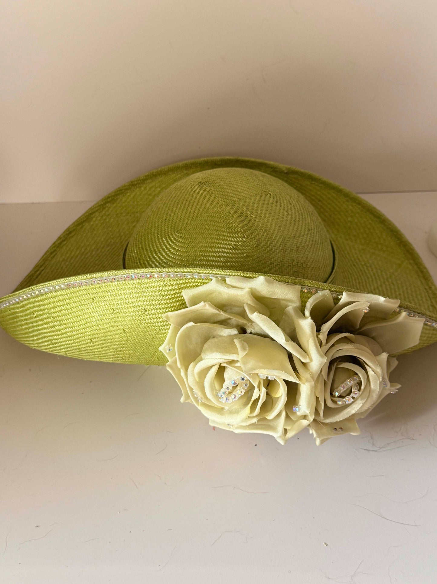 Vintage Jack McConnell Wide Brim Hat | Lime Green Floral Statement Hat | Couture Derby Hat | Rhinestone Rose Millinery