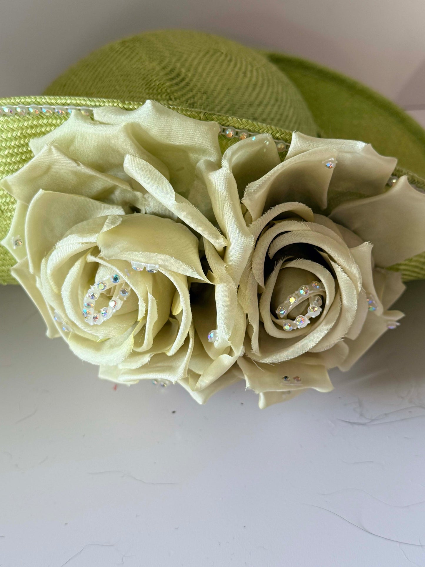 Vintage Jack McConnell Wide Brim Hat | Lime Green Floral Statement Hat | Couture Derby Hat | Rhinestone Rose Millinery