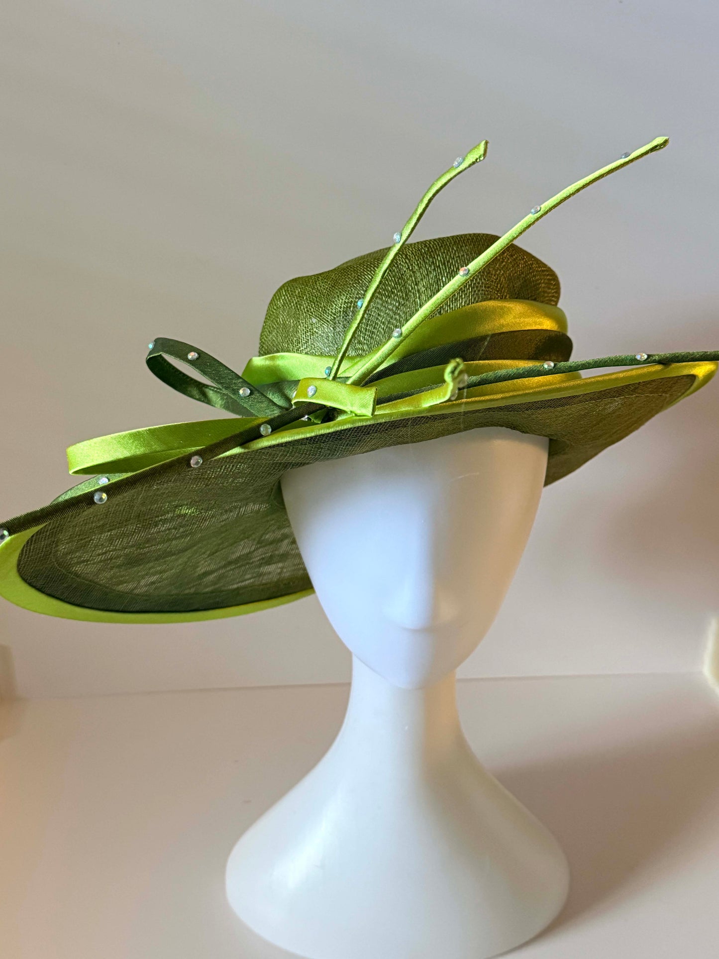 Vintage Lime Green Fascinator Hat | Sculptural Sinamay Cocktail Hat | Kentucky Derby Wedding Hat with Rhinestone Accents