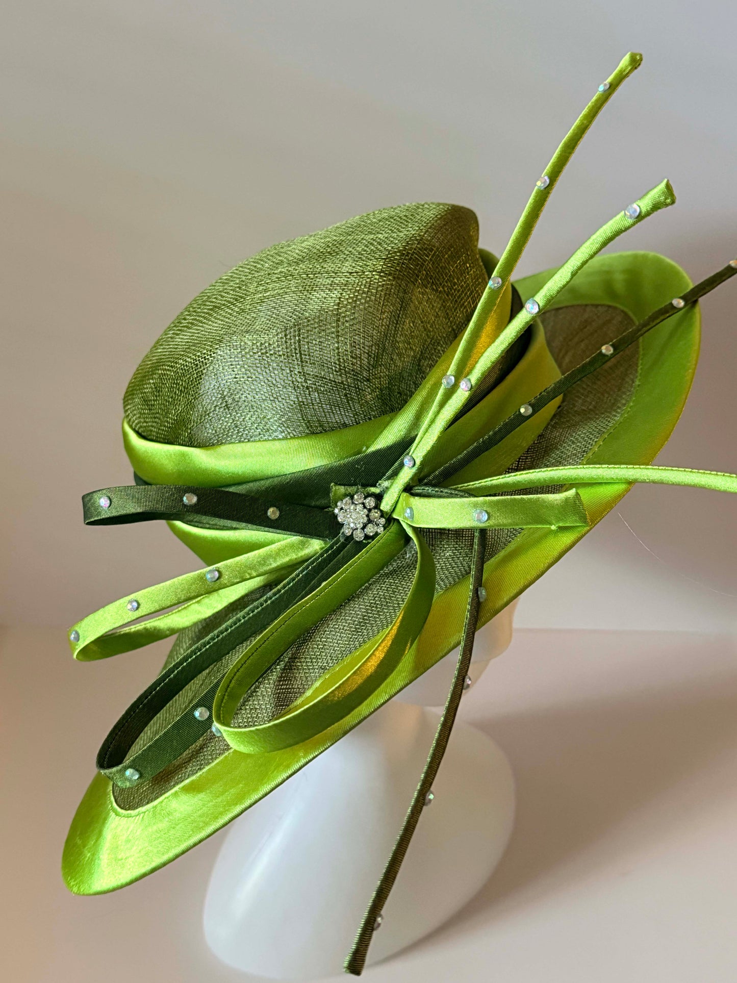 Vintage Lime Green Fascinator Hat | Sculptural Sinamay Cocktail Hat | Kentucky Derby Wedding Hat with Rhinestone Accents