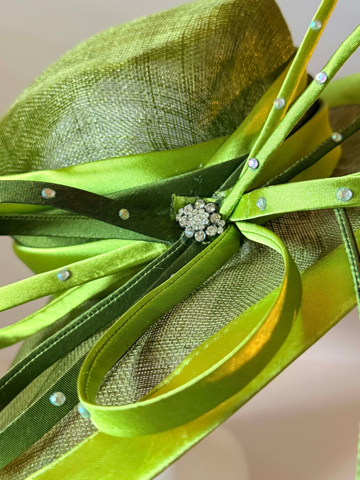 Vintage Lime Green Fascinator Hat | Sculptural Sinamay Cocktail Hat | Kentucky Derby Wedding Hat with Rhinestone Accents