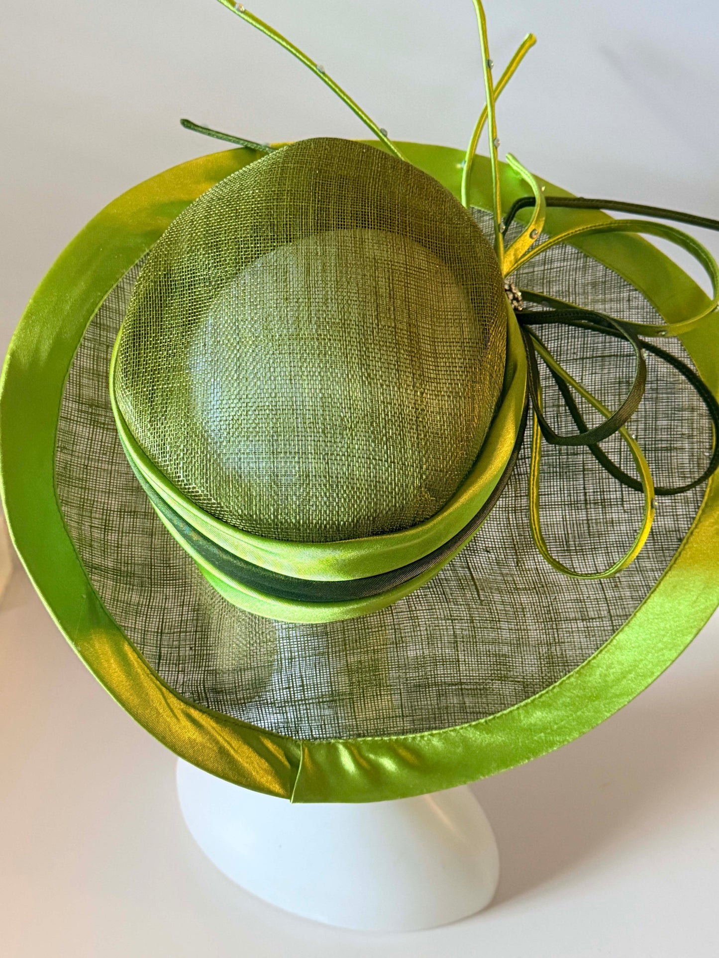 Vintage Lime Green Fascinator Hat | Sculptural Sinamay Cocktail Hat | Kentucky Derby Wedding Hat with Rhinestone Accents