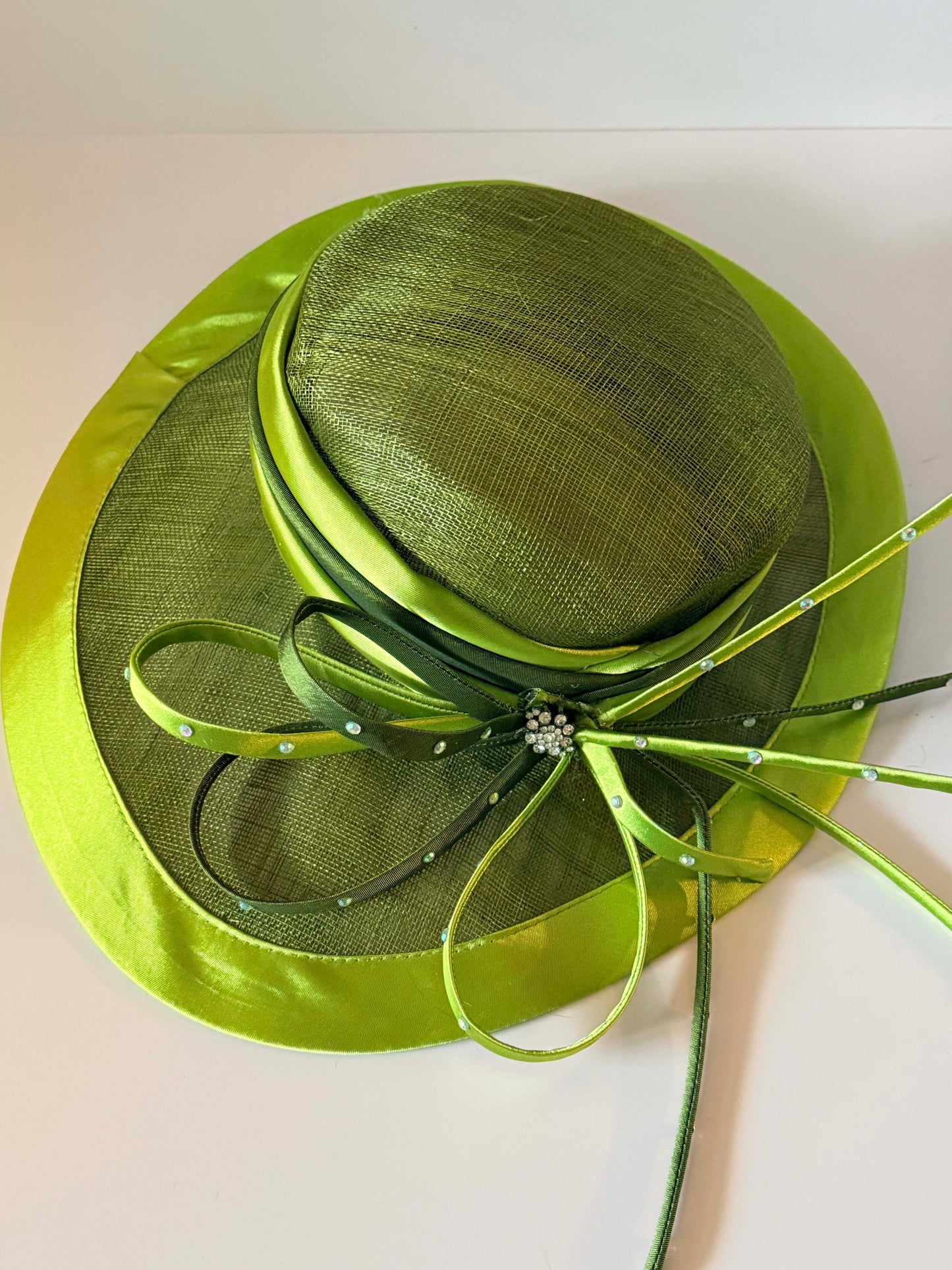 Vintage Lime Green Fascinator Hat | Sculptural Sinamay Cocktail Hat | Kentucky Derby Wedding Hat with Rhinestone Accents