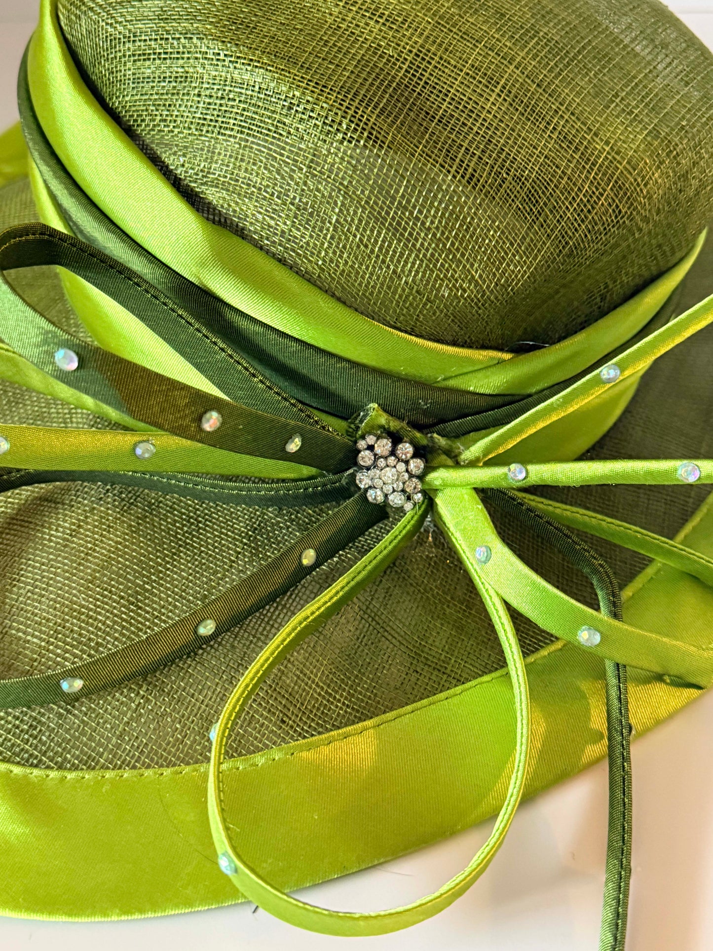 Vintage Lime Green Fascinator Hat | Sculptural Sinamay Cocktail Hat | Kentucky Derby Wedding Hat with Rhinestone Accents