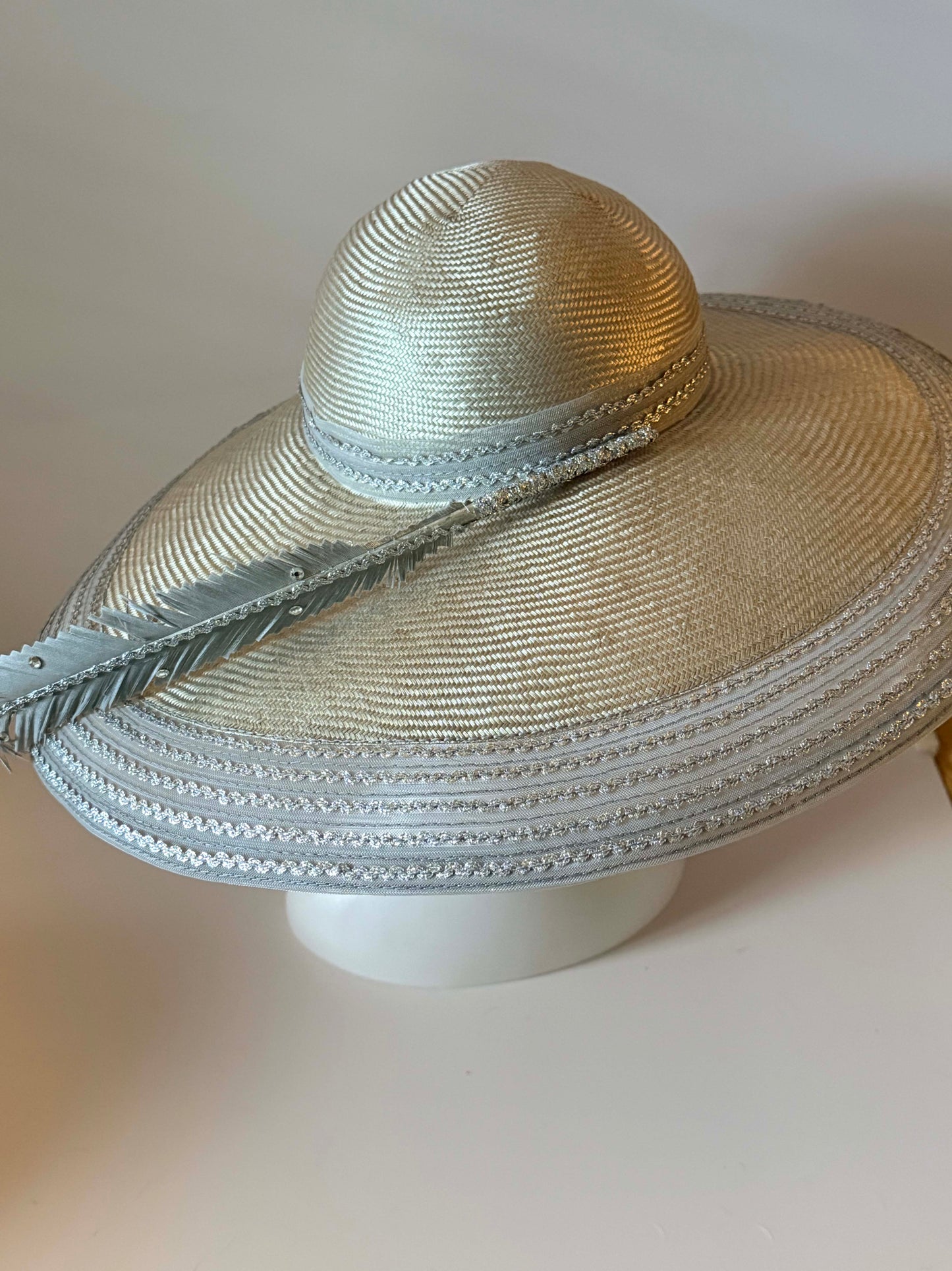 Vintage Mr. John Classic Silver Wide Brim Hat | Elegant Derby Hat | Church Hat with Feather Accent | Designer Millinery