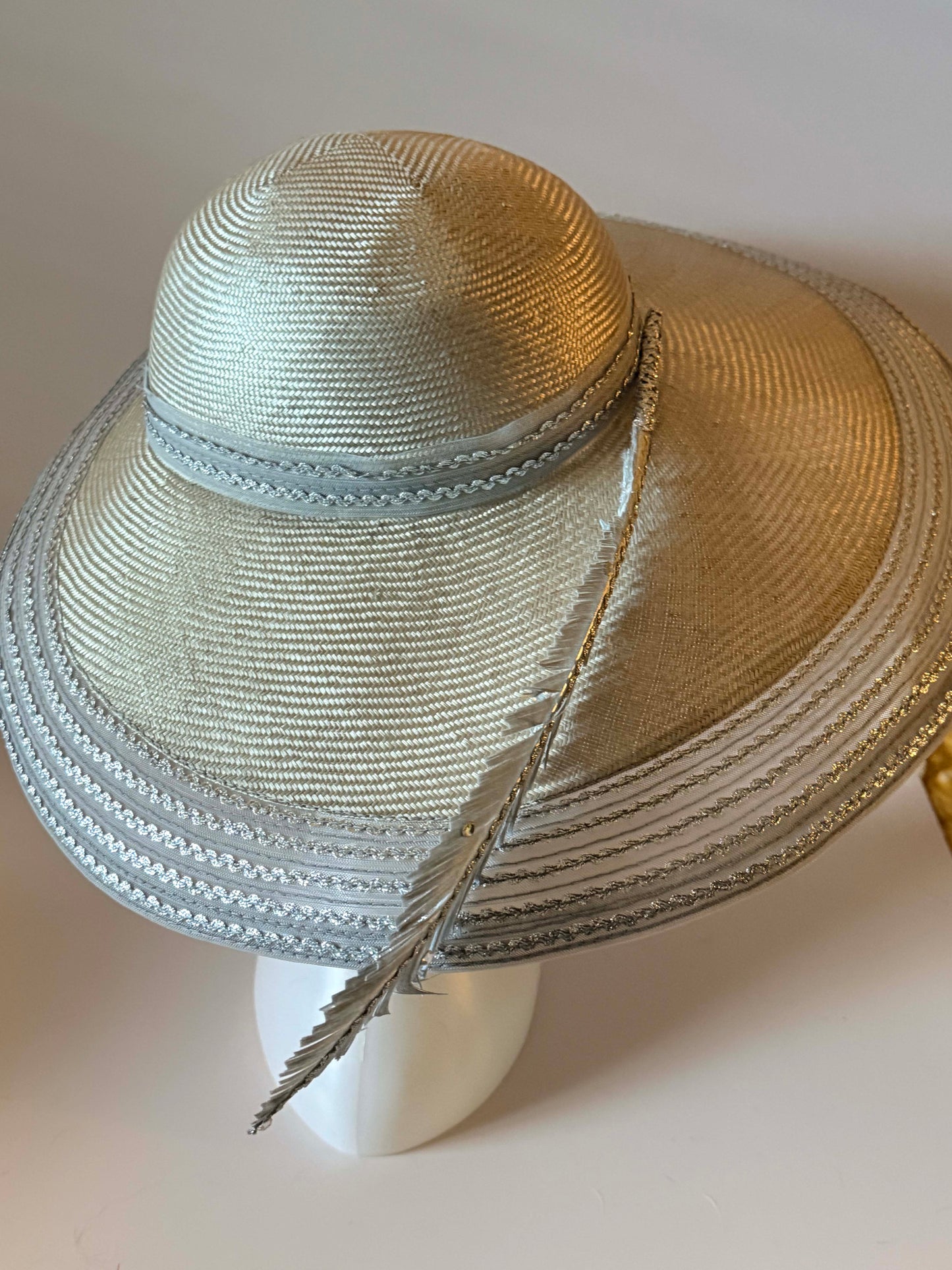 Vintage Mr. John Classic Silver Wide Brim Hat | Elegant Derby Hat | Church Hat with Feather Accent | Designer Millinery