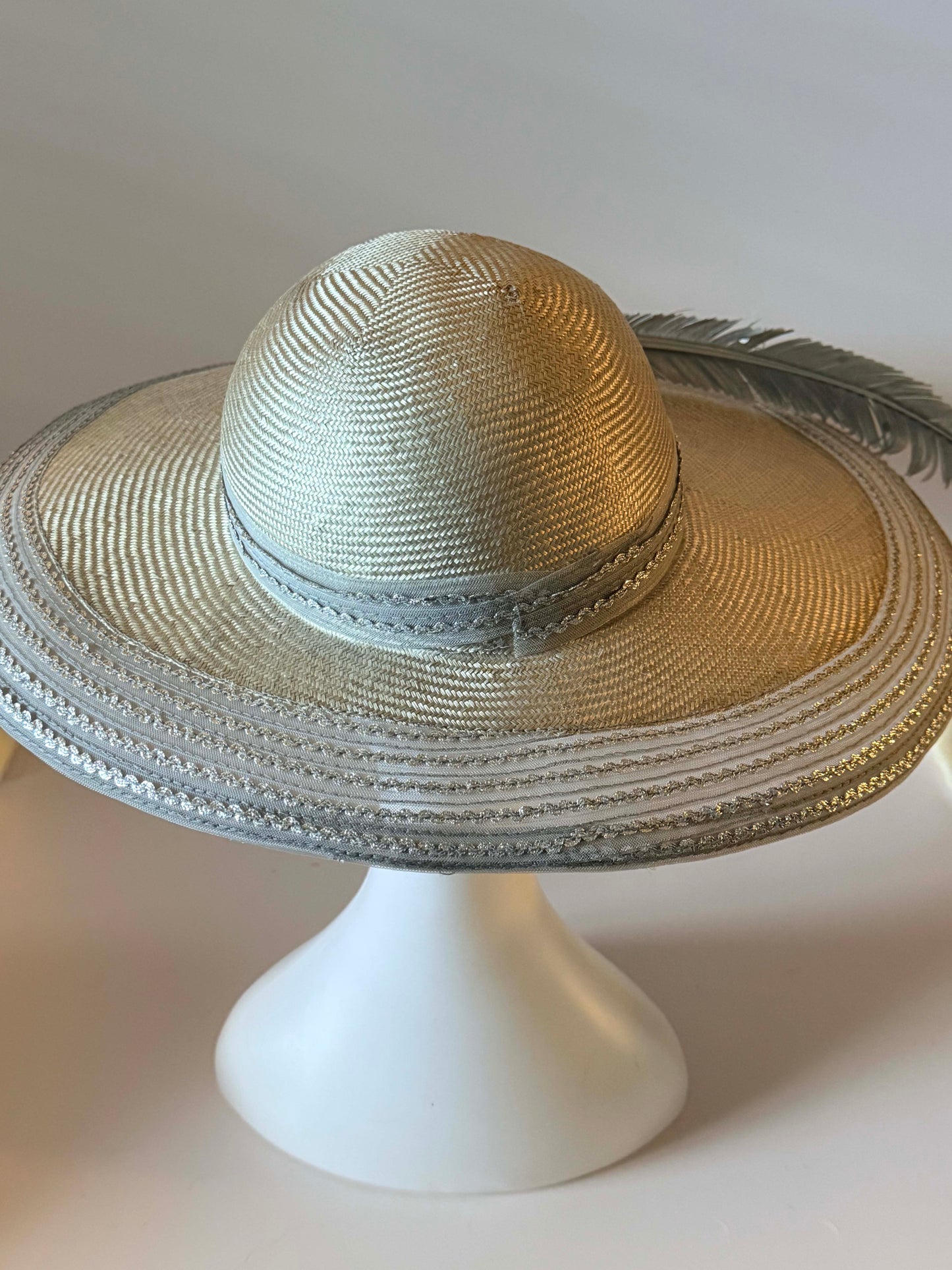 Vintage Mr. John Classic Silver Wide Brim Hat | Elegant Derby Hat | Church Hat with Feather Accent | Designer Millinery