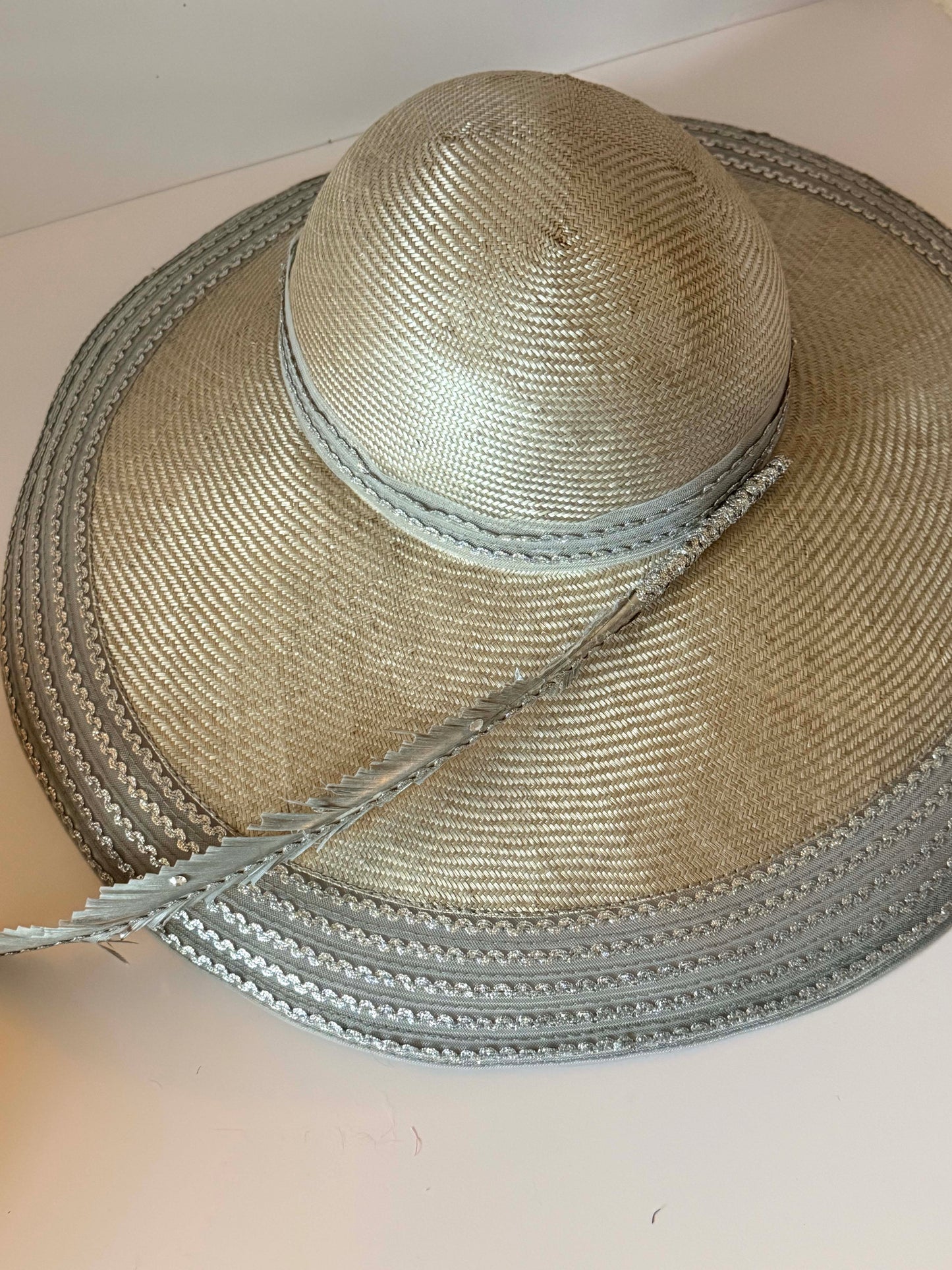 Vintage Mr. John Classic Silver Wide Brim Hat | Elegant Derby Hat | Church Hat with Feather Accent | Designer Millinery