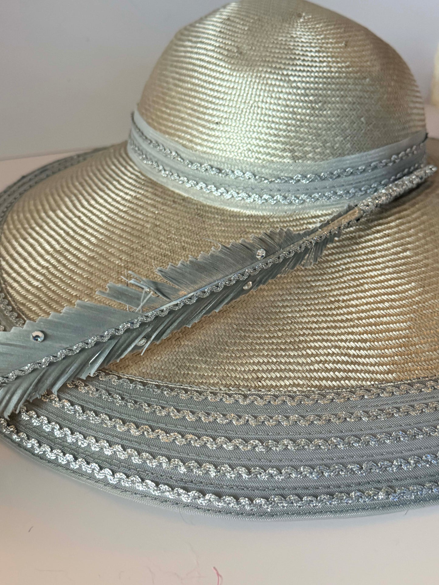Vintage Mr. John Classic Silver Wide Brim Hat | Elegant Derby Hat | Church Hat with Feather Accent | Designer Millinery