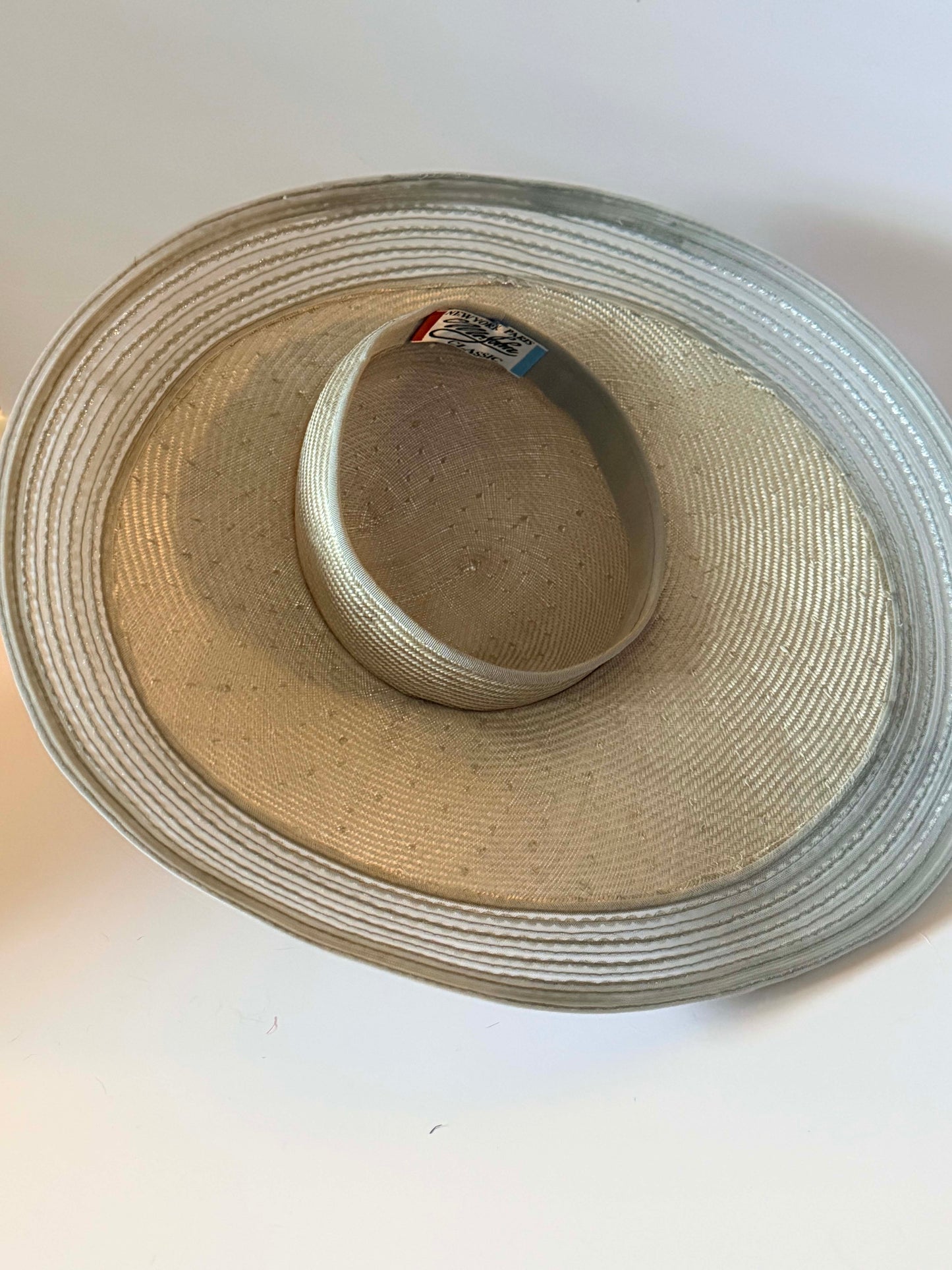 Vintage Mr. John Classic Silver Wide Brim Hat | Elegant Derby Hat | Church Hat with Feather Accent | Designer Millinery