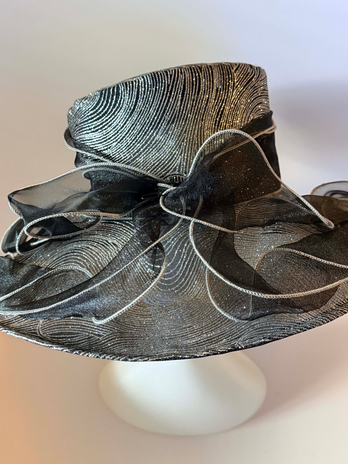 Vintage Black Silver Metallic Church Hat | Wide Brim Occasion Hat | Elegant Derby Hat with Dramatic Organza Ruffles