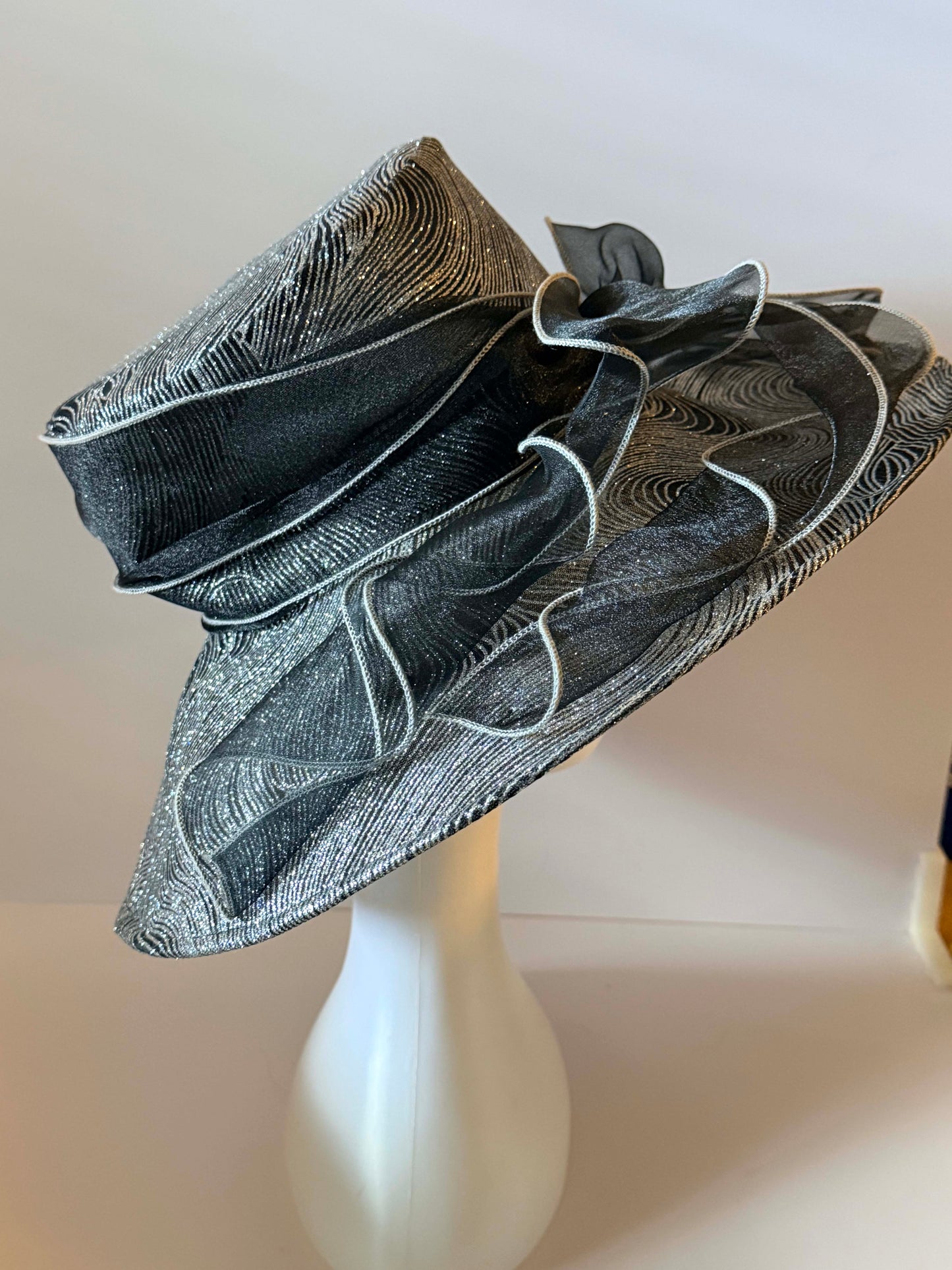 Vintage Black Silver Metallic Church Hat | Wide Brim Occasion Hat | Elegant Derby Hat with Dramatic Organza Ruffles