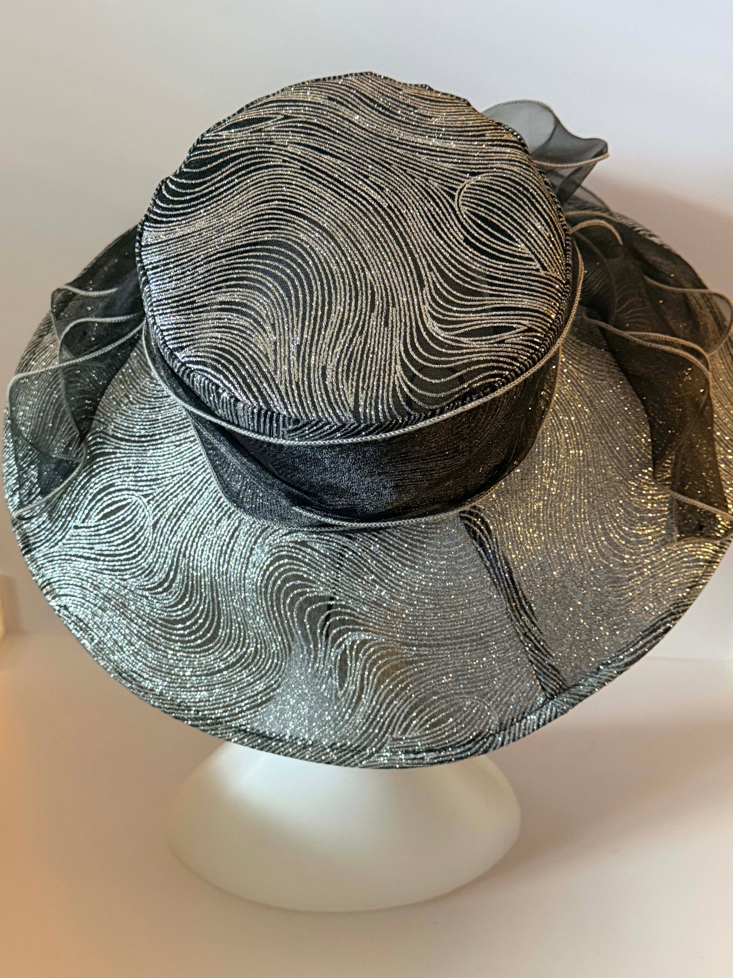 Vintage Black Silver Metallic Church Hat | Wide Brim Occasion Hat | Elegant Derby Hat with Dramatic Organza Ruffles