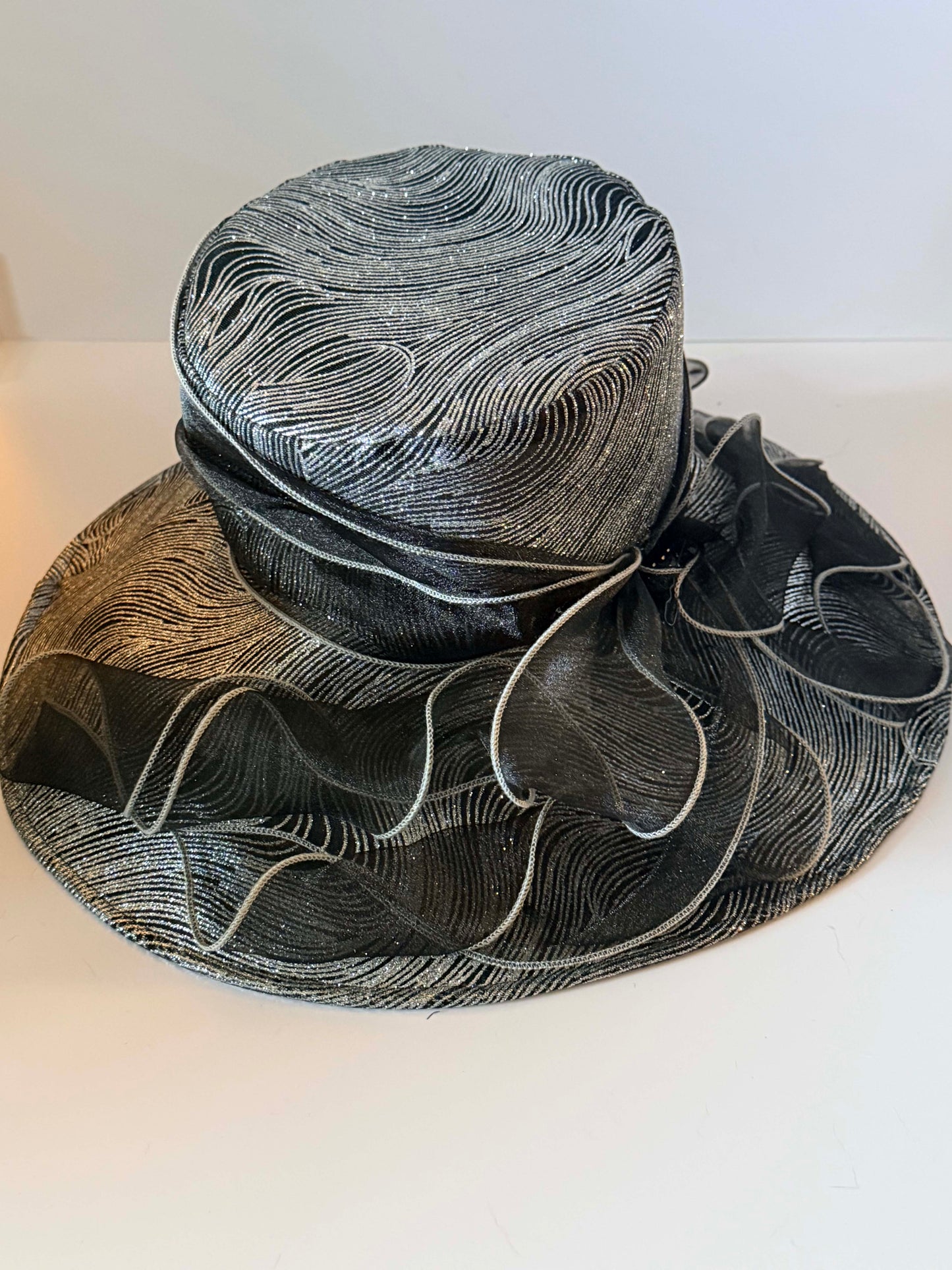 Vintage Black Silver Metallic Church Hat | Wide Brim Occasion Hat | Elegant Derby Hat with Dramatic Organza Ruffles