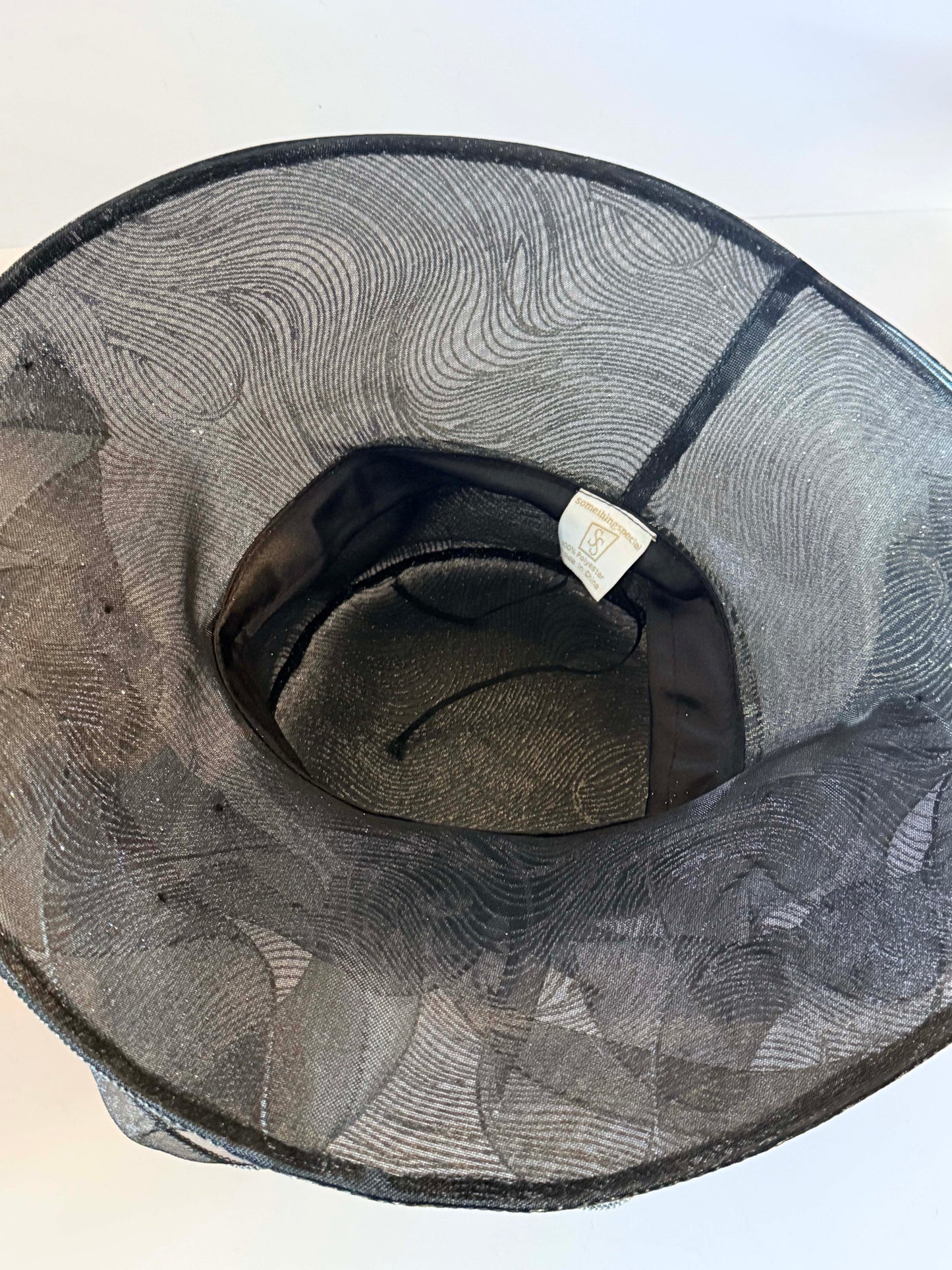 Vintage Black Silver Metallic Church Hat | Wide Brim Occasion Hat | Elegant Derby Hat with Dramatic Organza Ruffles