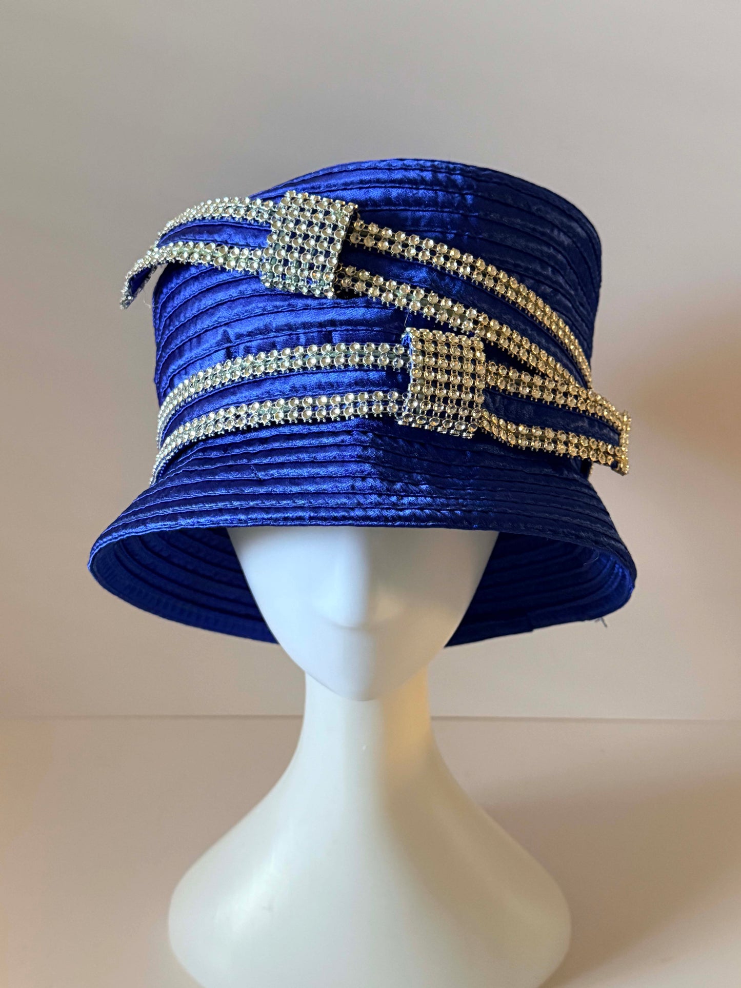 Vintage Royal Blue Rhinestone Bucket Hat | Electric Blue Church Hat | Statement Derby Hat with Crystal Buckle Trim