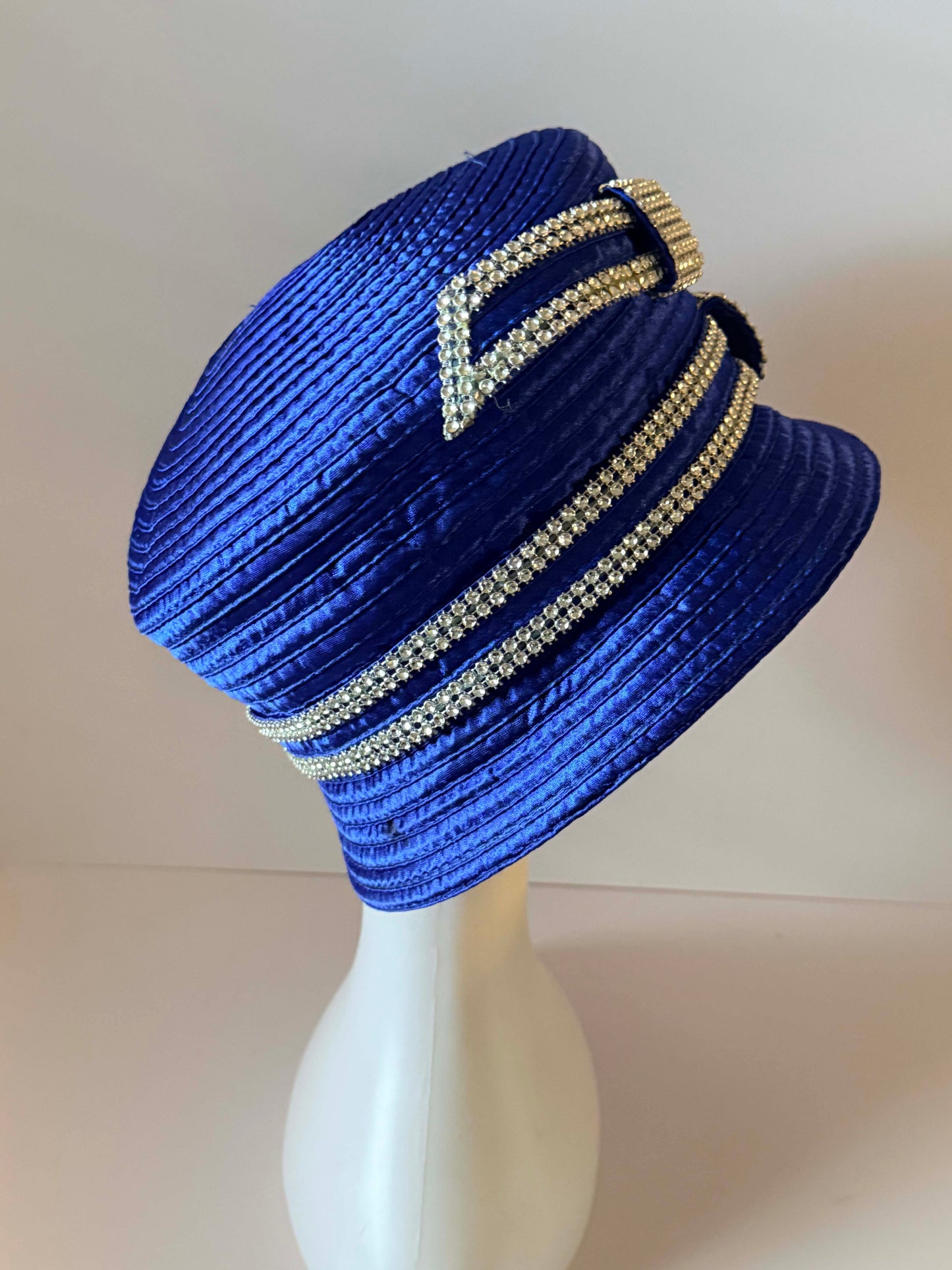 Vintage Royal Blue Rhinestone Bucket Hat | Electric Blue Church Hat | Statement Derby Hat with Crystal Buckle Trim