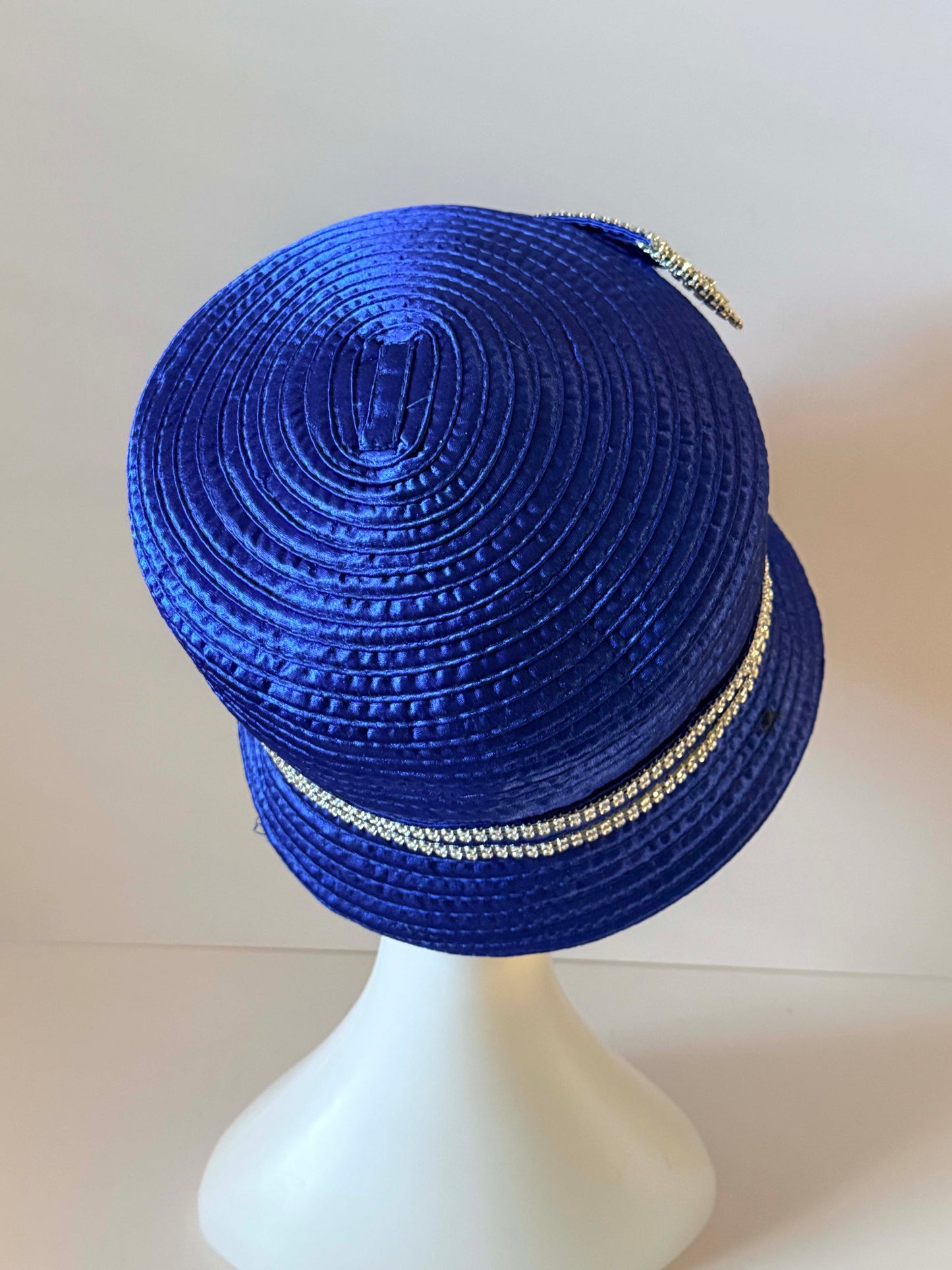 Vintage Royal Blue Rhinestone Bucket Hat | Electric Blue Church Hat | Statement Derby Hat with Crystal Buckle Trim