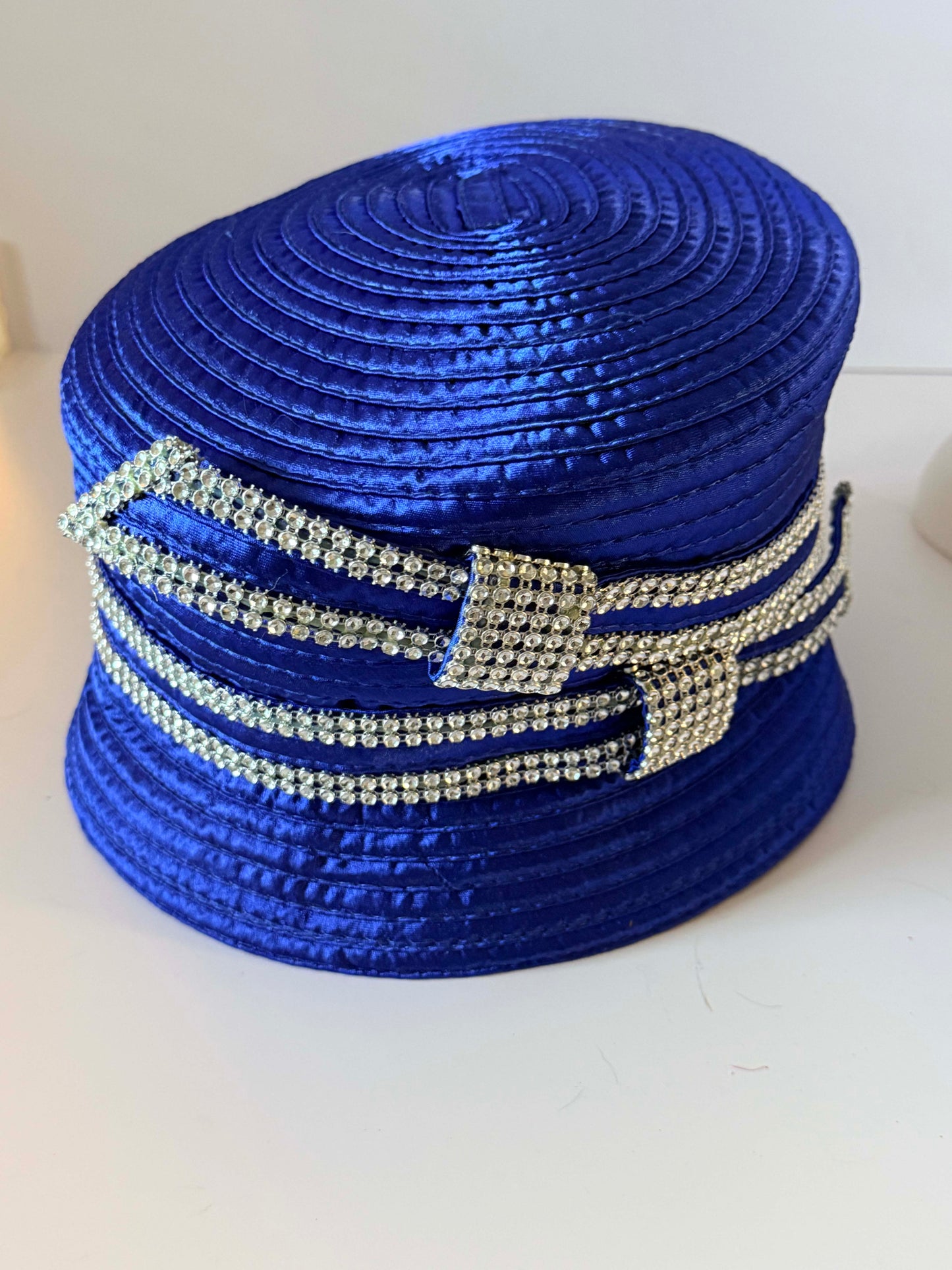 Vintage Royal Blue Rhinestone Bucket Hat | Electric Blue Church Hat | Statement Derby Hat with Crystal Buckle Trim