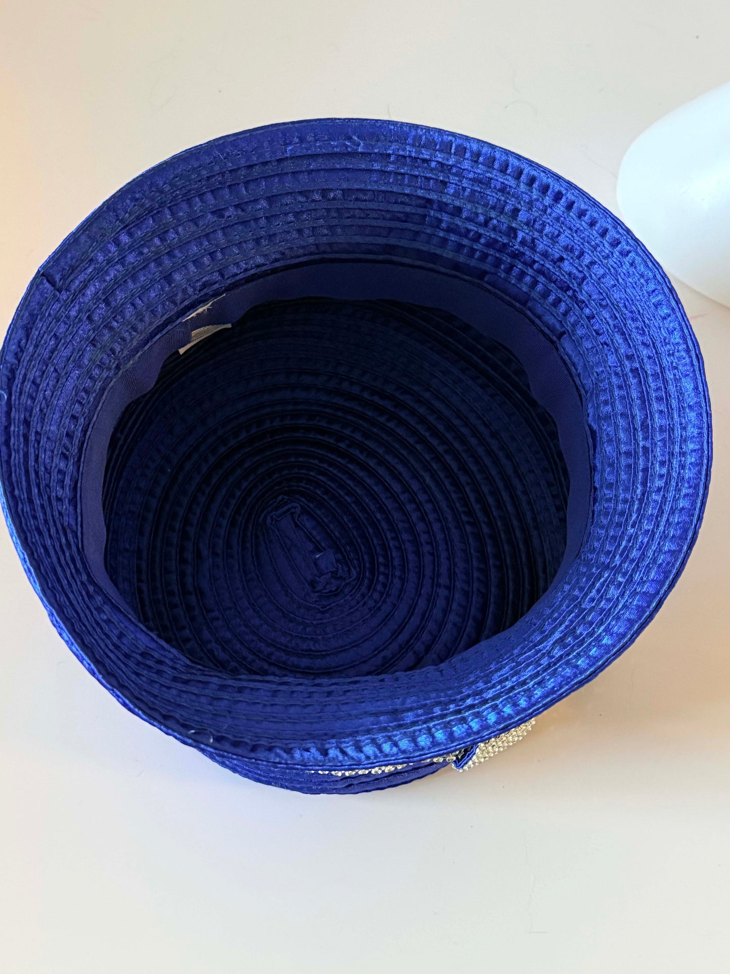 Vintage Royal Blue Rhinestone Bucket Hat | Electric Blue Church Hat | Statement Derby Hat with Crystal Buckle Trim