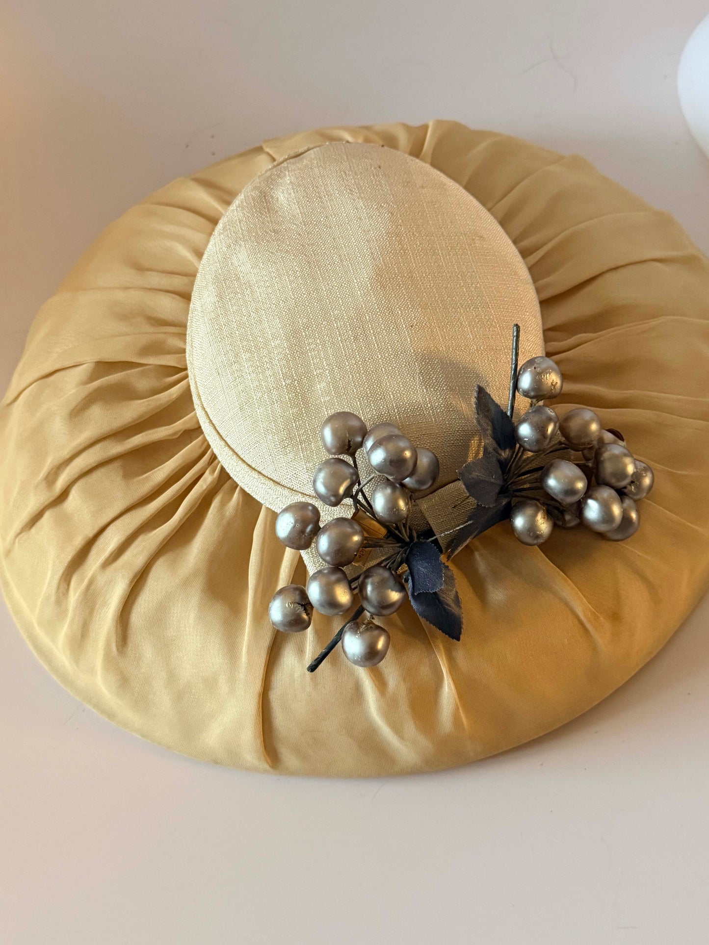 Vintage 1950s Ivory Silk Picture Hat | Wide Brim Formal Hat | Mid Century Occasion Hat with Silver Berry Trim