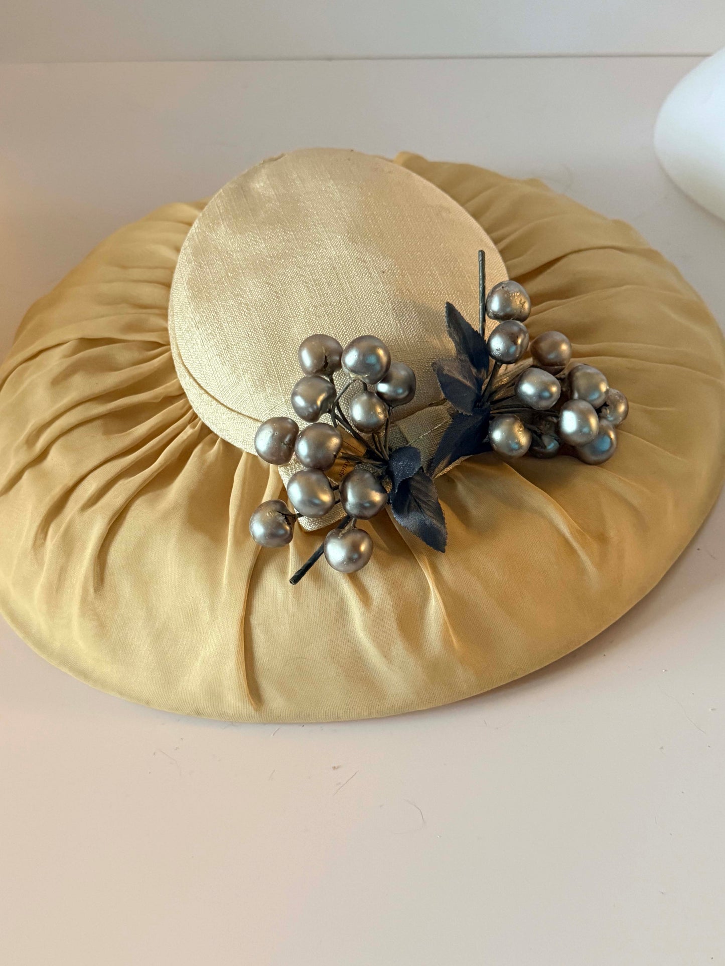 Vintage 1950s Ivory Silk Picture Hat | Wide Brim Formal Hat | Mid Century Occasion Hat with Silver Berry Trim