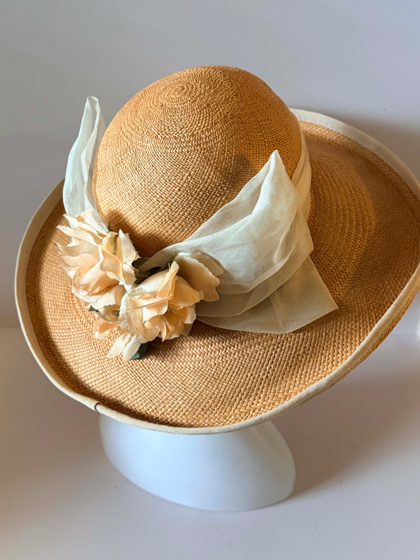 Vintage Nicoletta Italy Straw Sun Hat | Wide Brim Peach Straw Hat | Romantic Garden Party Hat with Floral Trim