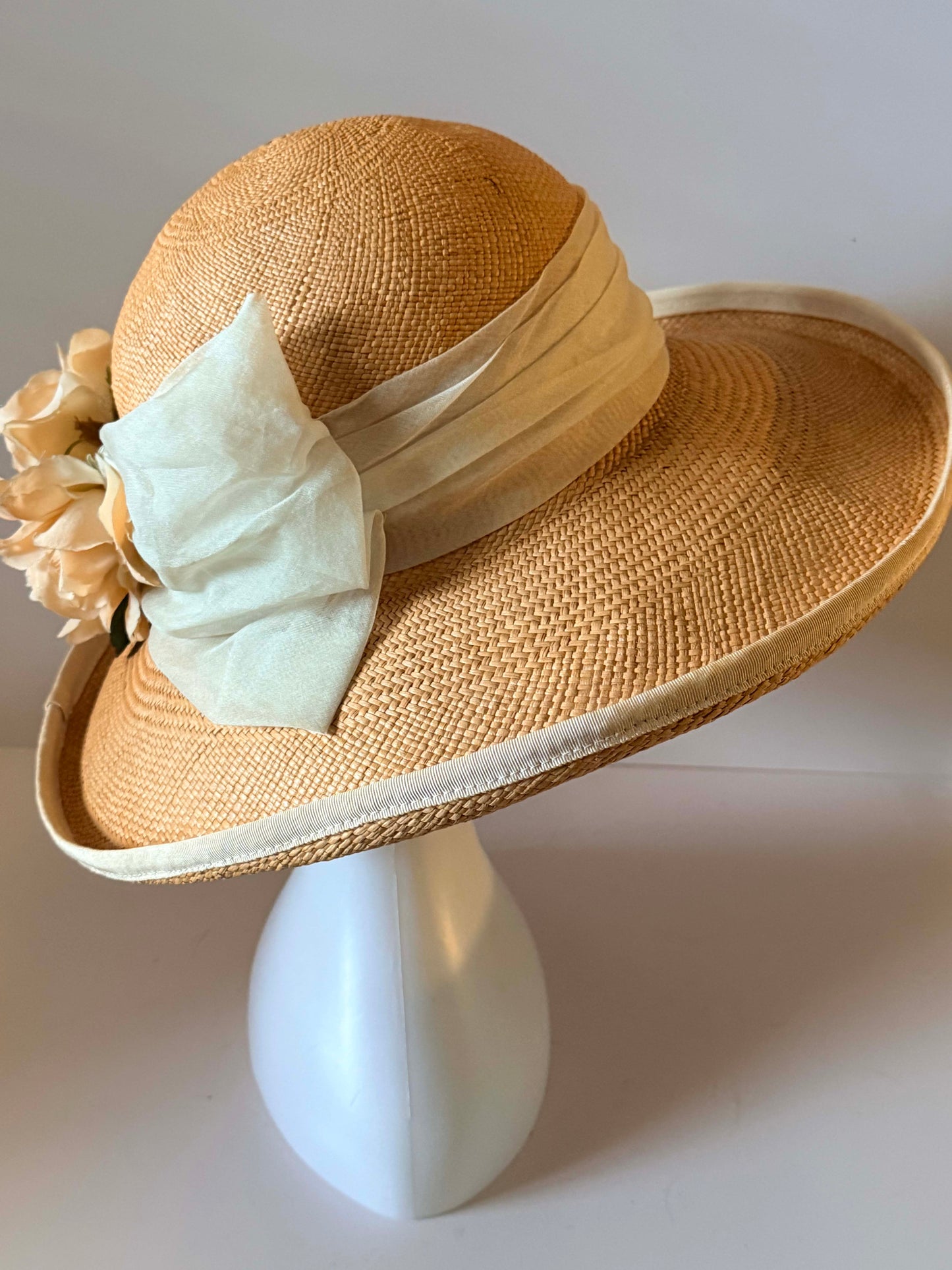 Vintage Nicoletta Italy Straw Sun Hat | Wide Brim Peach Straw Hat | Romantic Garden Party Hat with Floral Trim