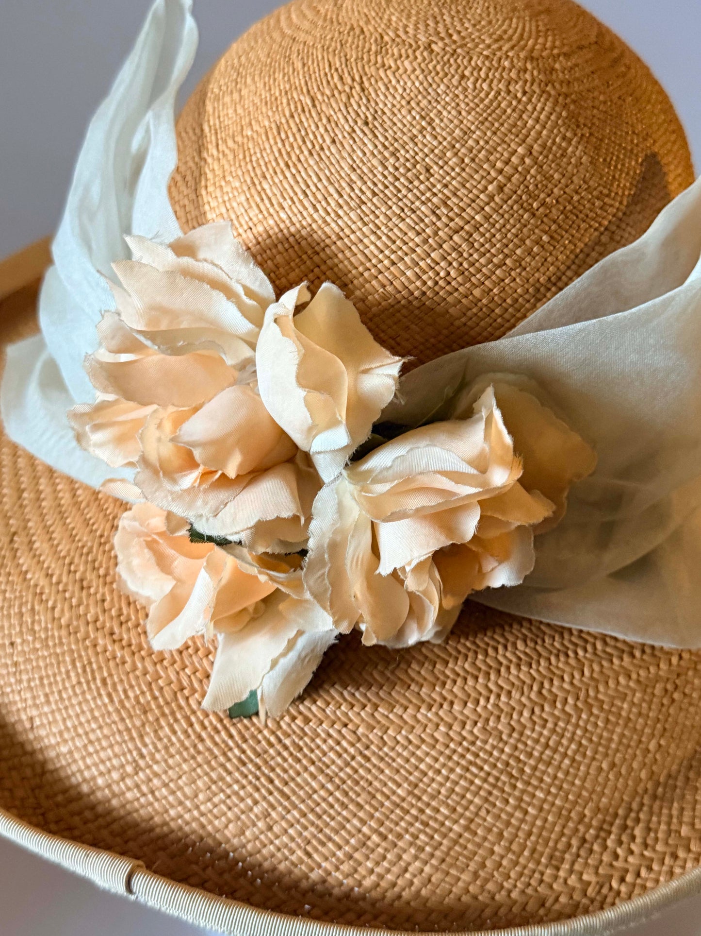 Vintage Nicoletta Italy Straw Sun Hat | Wide Brim Peach Straw Hat | Romantic Garden Party Hat with Floral Trim
