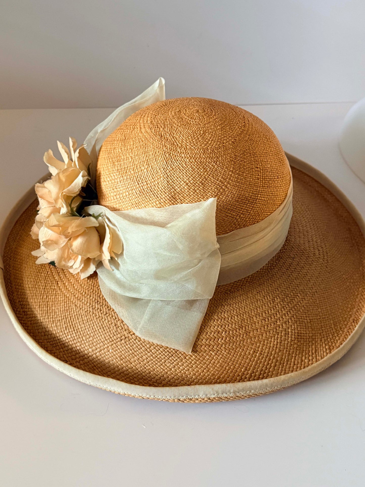 Vintage Nicoletta Italy Straw Sun Hat | Wide Brim Peach Straw Hat | Romantic Garden Party Hat with Floral Trim