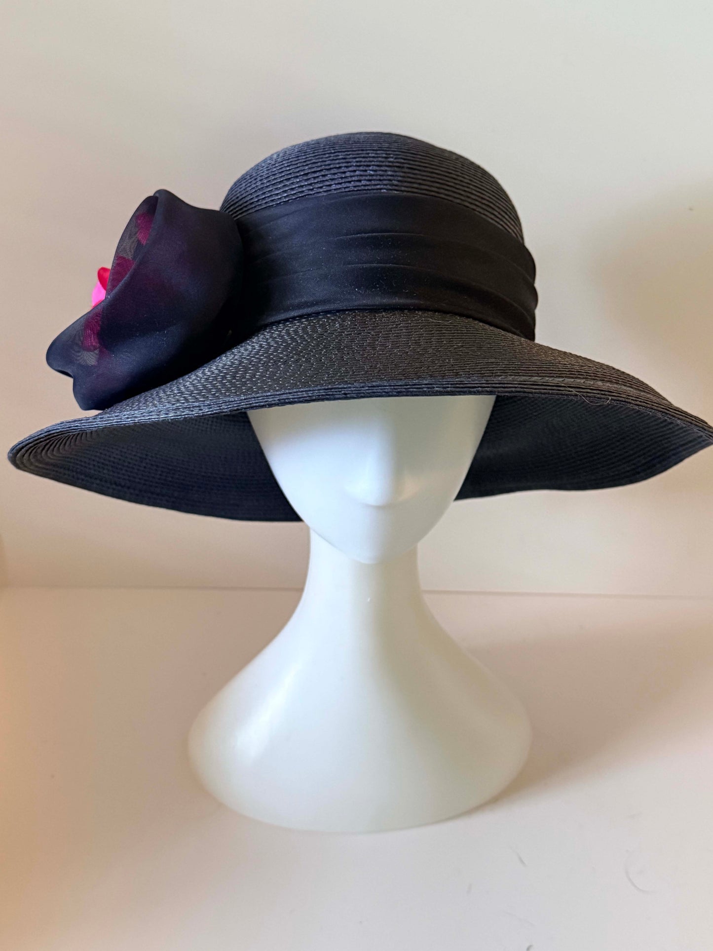 Vintage Sylvia New York Navy Blue Wide Brim Hat | Rose Trim Derby Hat | Elegant Garden Party Hat | Mother of the Bride Hat