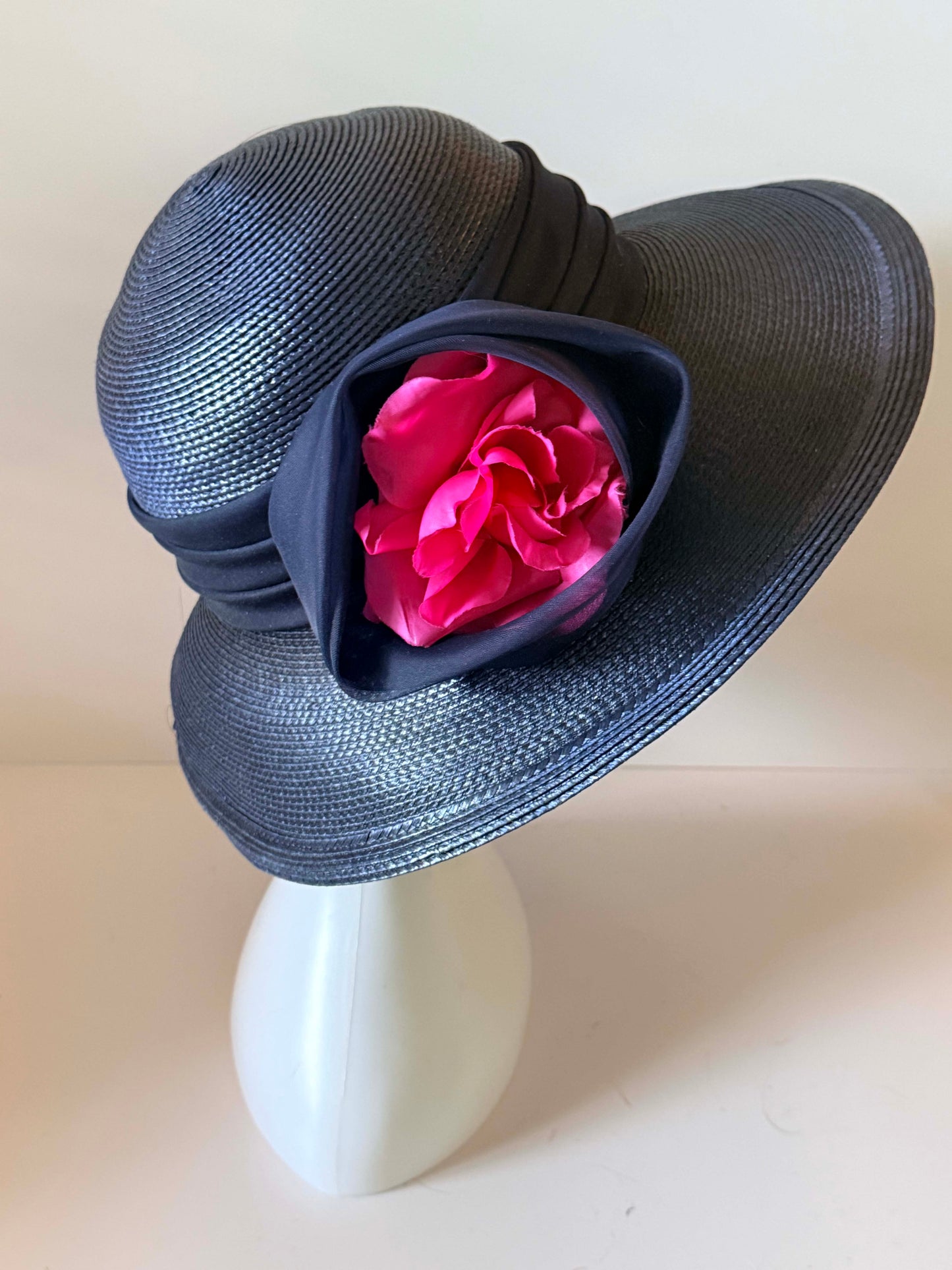 Vintage Sylvia New York Navy Blue Wide Brim Hat | Rose Trim Derby Hat | Elegant Garden Party Hat | Mother of the Bride Hat