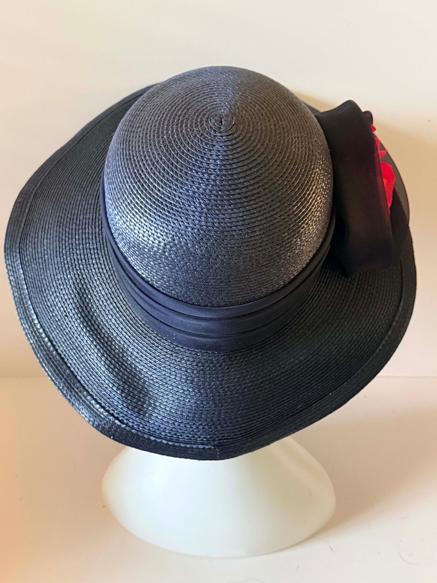 Vintage Sylvia New York Navy Blue Wide Brim Hat | Rose Trim Derby Hat | Elegant Garden Party Hat | Mother of the Bride Hat