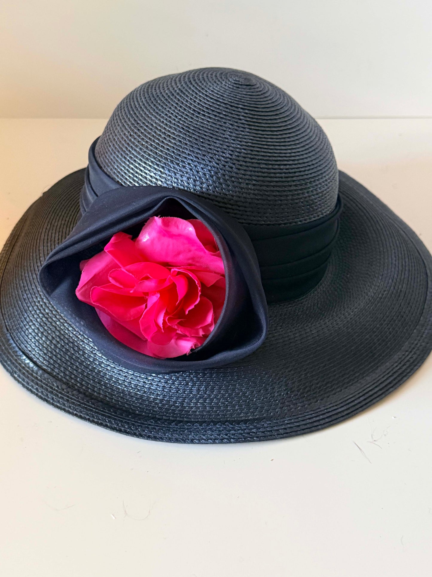 Vintage Sylvia New York Navy Blue Wide Brim Hat | Rose Trim Derby Hat | Elegant Garden Party Hat | Mother of the Bride Hat