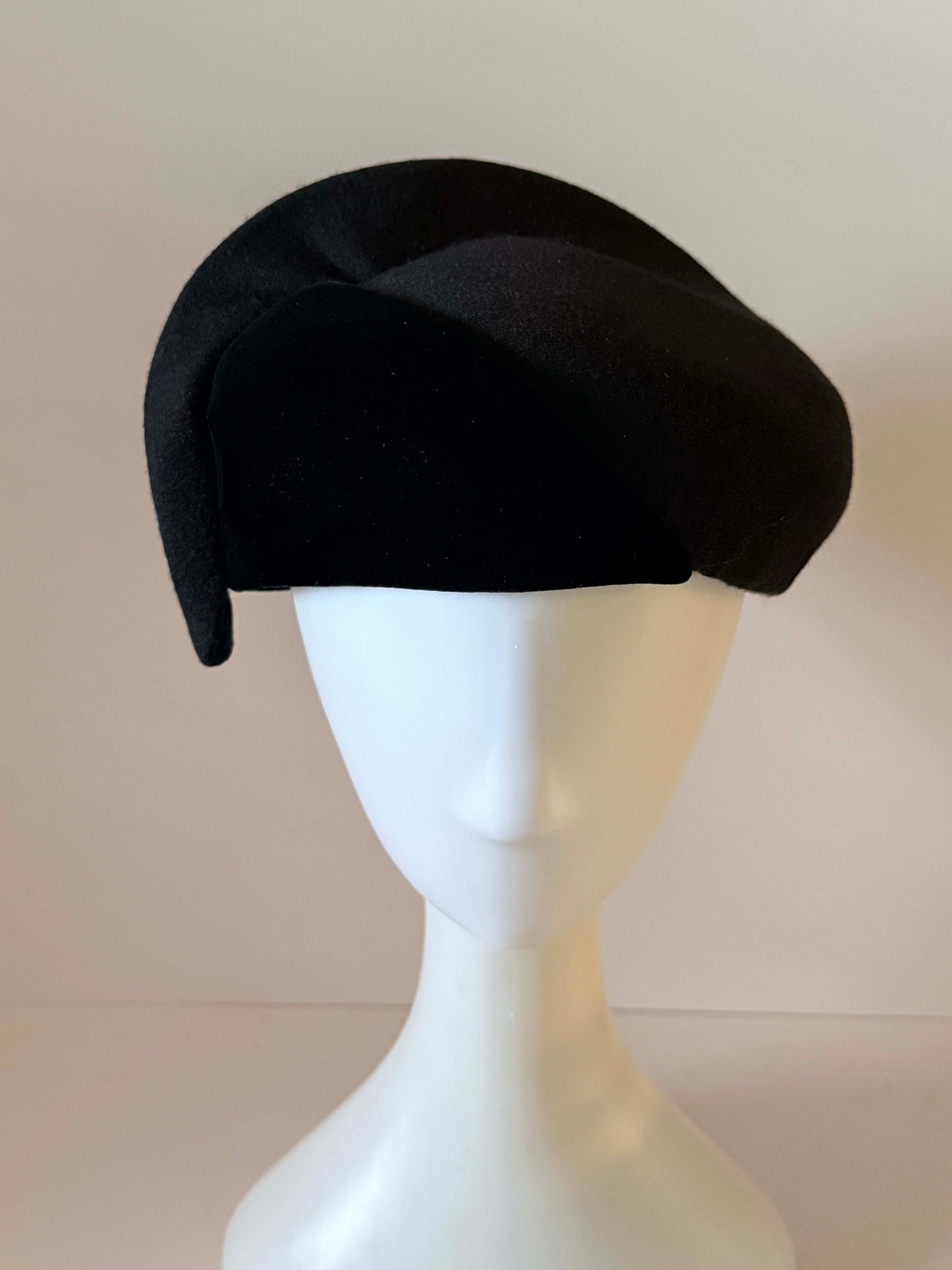 Vintage Sally Victor Black Sculptural Cocktail Hat | 1950s Couture Tilt Hat | Avant Garde Millinery | Dramatic Velvet Evening Hat | Designer New York Hat