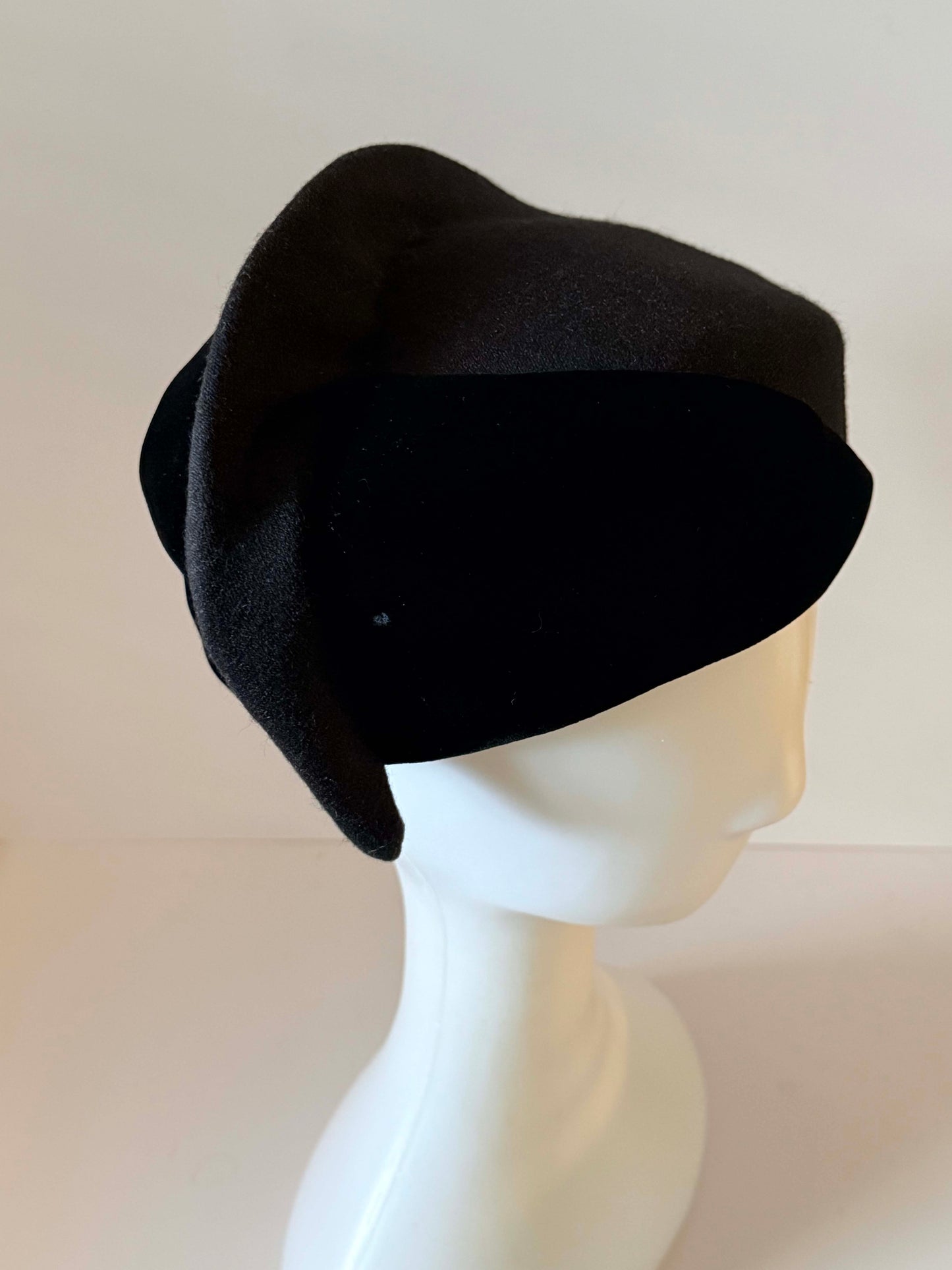 Vintage Sally Victor Black Sculptural Cocktail Hat | 1950s Couture Tilt Hat | Avant Garde Millinery | Dramatic Velvet Evening Hat | Designer New York Hat