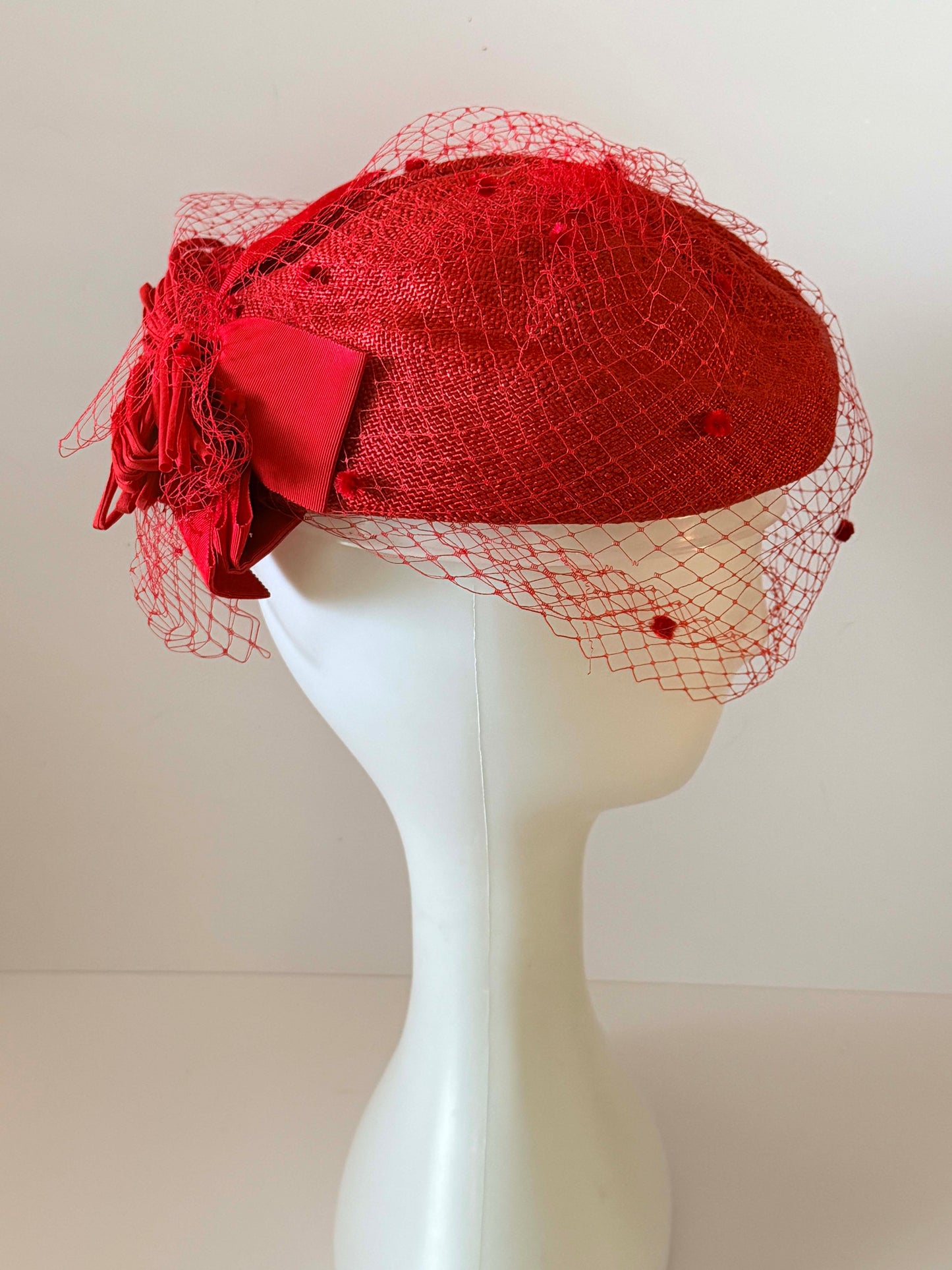 Vintage Red Veiled Cocktail Hat | 1950s Inspired Sinamay Fascinator | Cherry Red Birdcage Veil Hat | Kentucky Derby Hat | Wedding Guest Millinery
