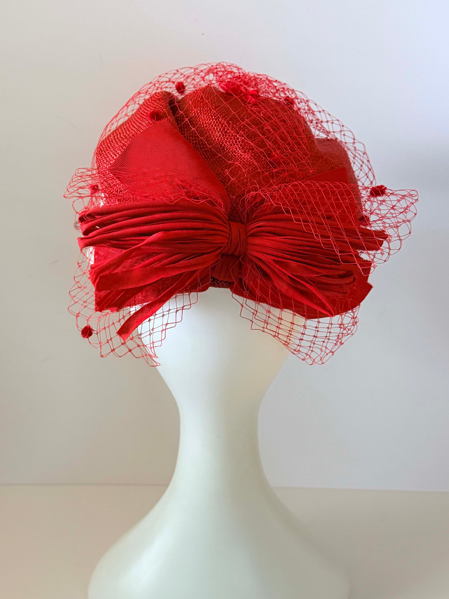 Vintage Red Veiled Cocktail Hat | 1950s Inspired Sinamay Fascinator | Cherry Red Birdcage Veil Hat | Kentucky Derby Hat | Wedding Guest Millinery