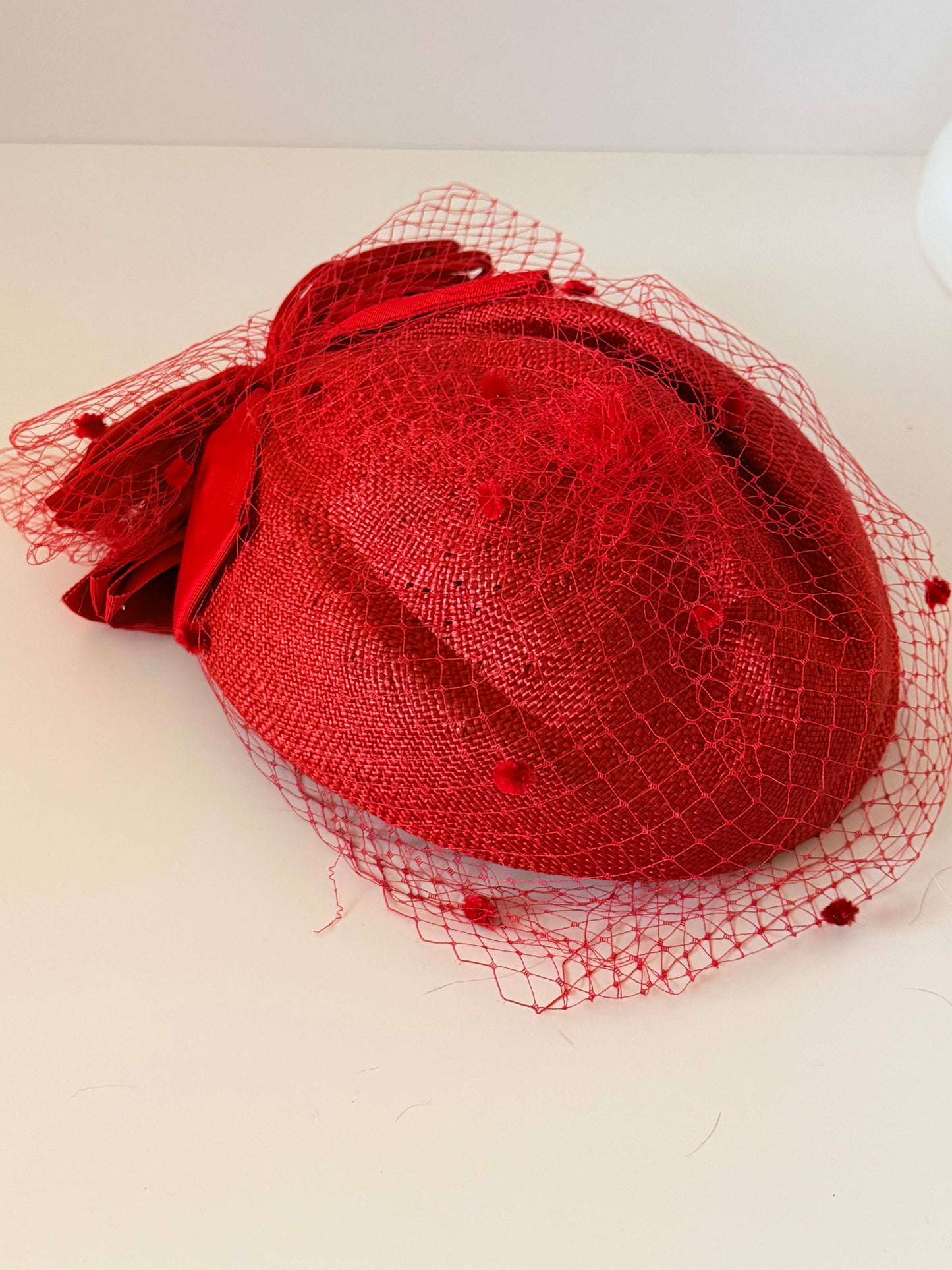 Vintage Red Veiled Cocktail Hat | 1950s Inspired Sinamay Fascinator | Cherry Red Birdcage Veil Hat | Kentucky Derby Hat | Wedding Guest Millinery