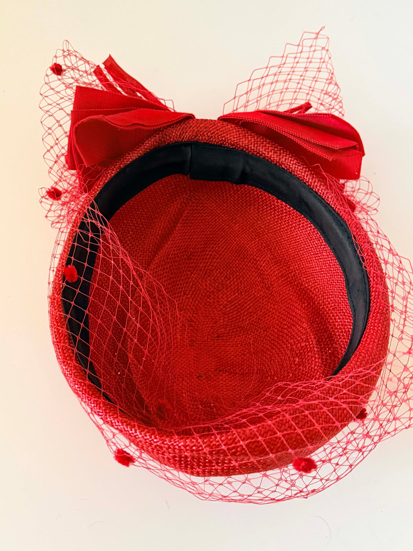 Vintage Red Veiled Cocktail Hat | 1950s Inspired Sinamay Fascinator | Cherry Red Birdcage Veil Hat | Kentucky Derby Hat | Wedding Guest Millinery