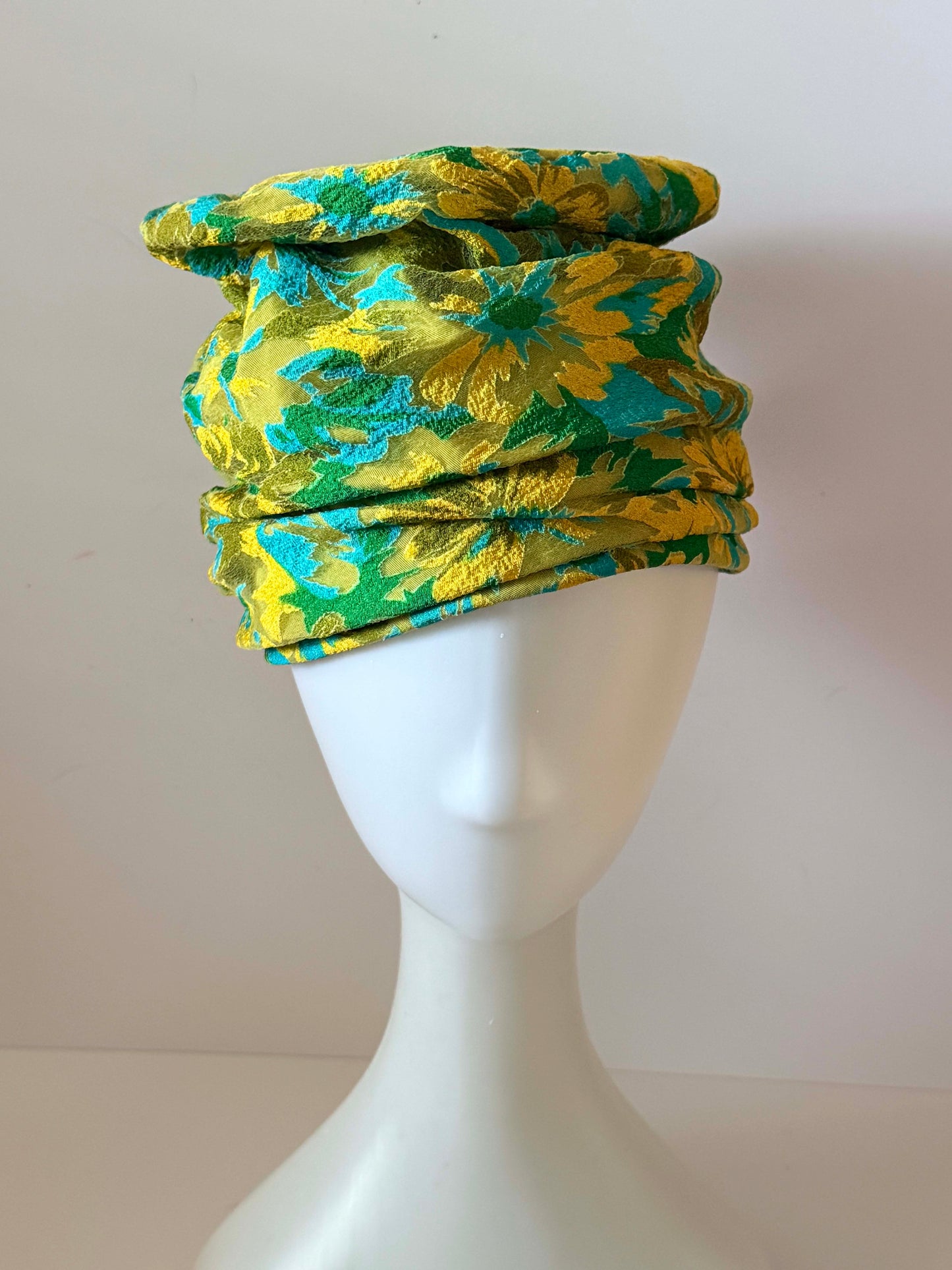Vintage Roberta Bernays Floral Pillbox Hat | 1960s Mod Floral Turban Hat | Green Yellow Blue Brocade Cocktail Hat | Mid Century Millinery