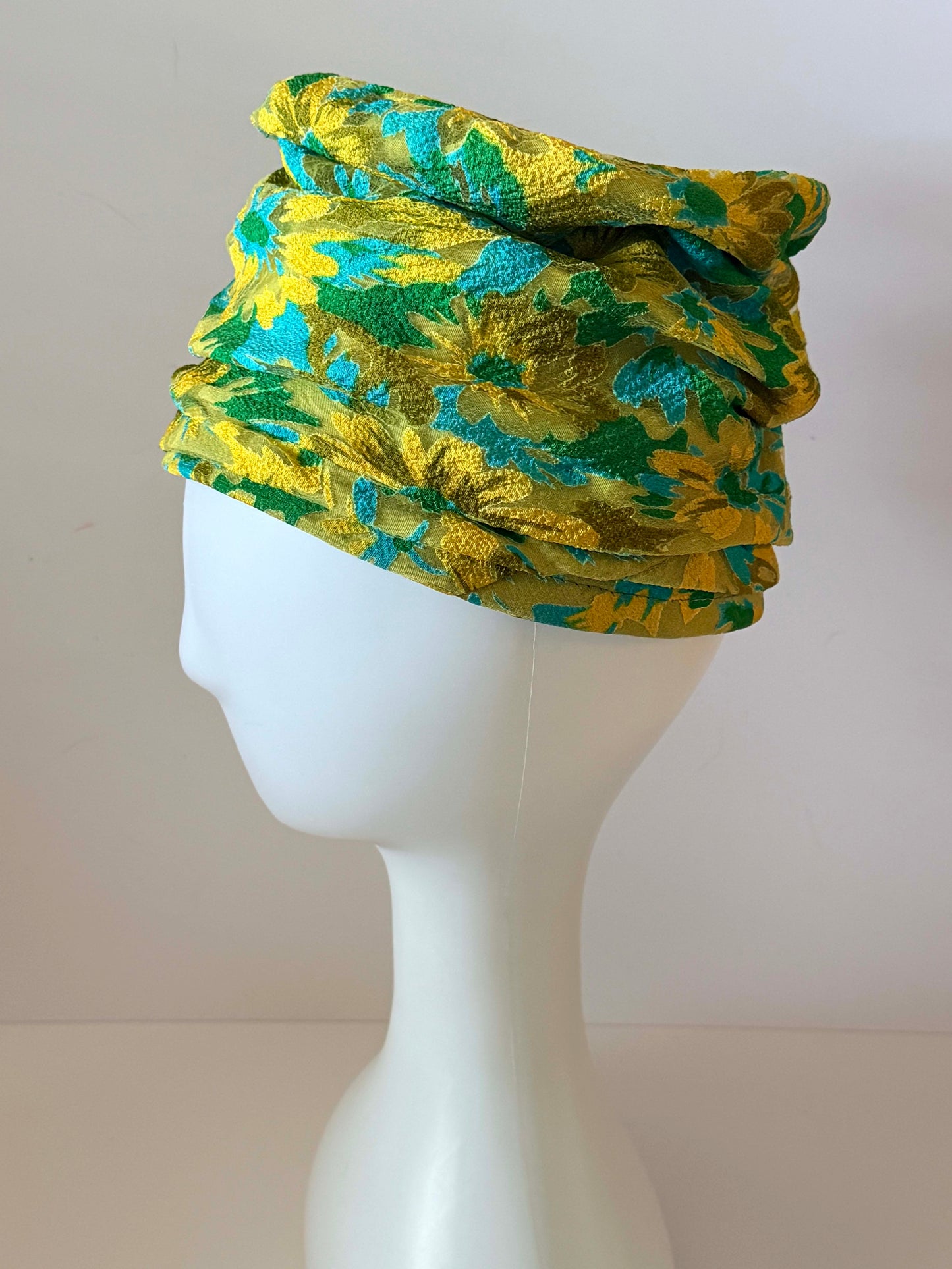 Vintage Roberta Bernays Floral Pillbox Hat | 1960s Mod Floral Turban Hat | Green Yellow Blue Brocade Cocktail Hat | Mid Century Millinery