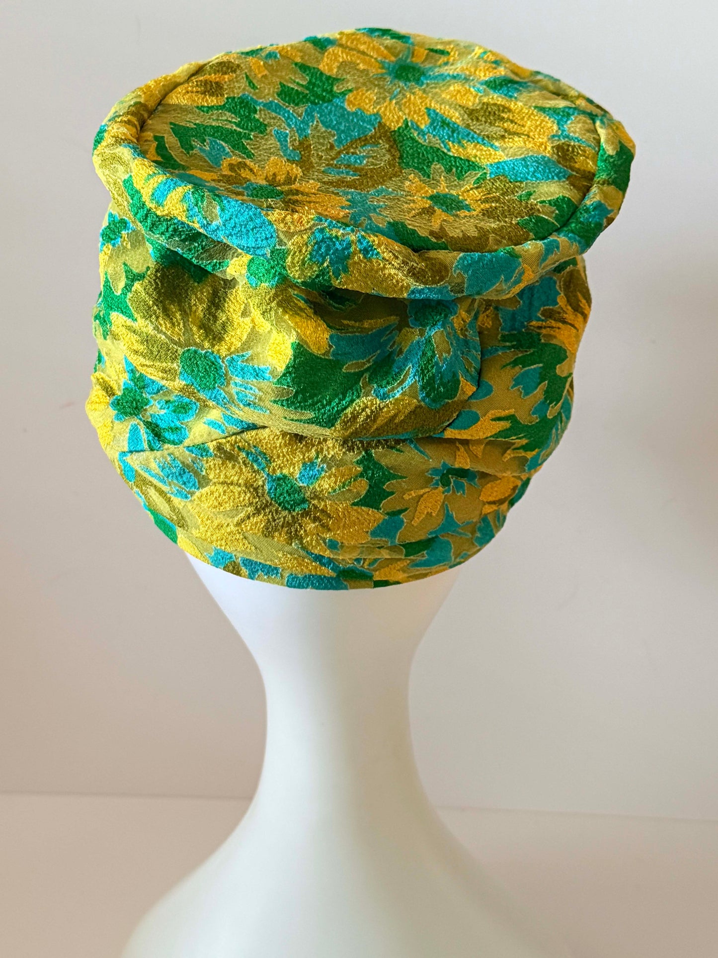Vintage Roberta Bernays Floral Pillbox Hat | 1960s Mod Floral Turban Hat | Green Yellow Blue Brocade Cocktail Hat | Mid Century Millinery