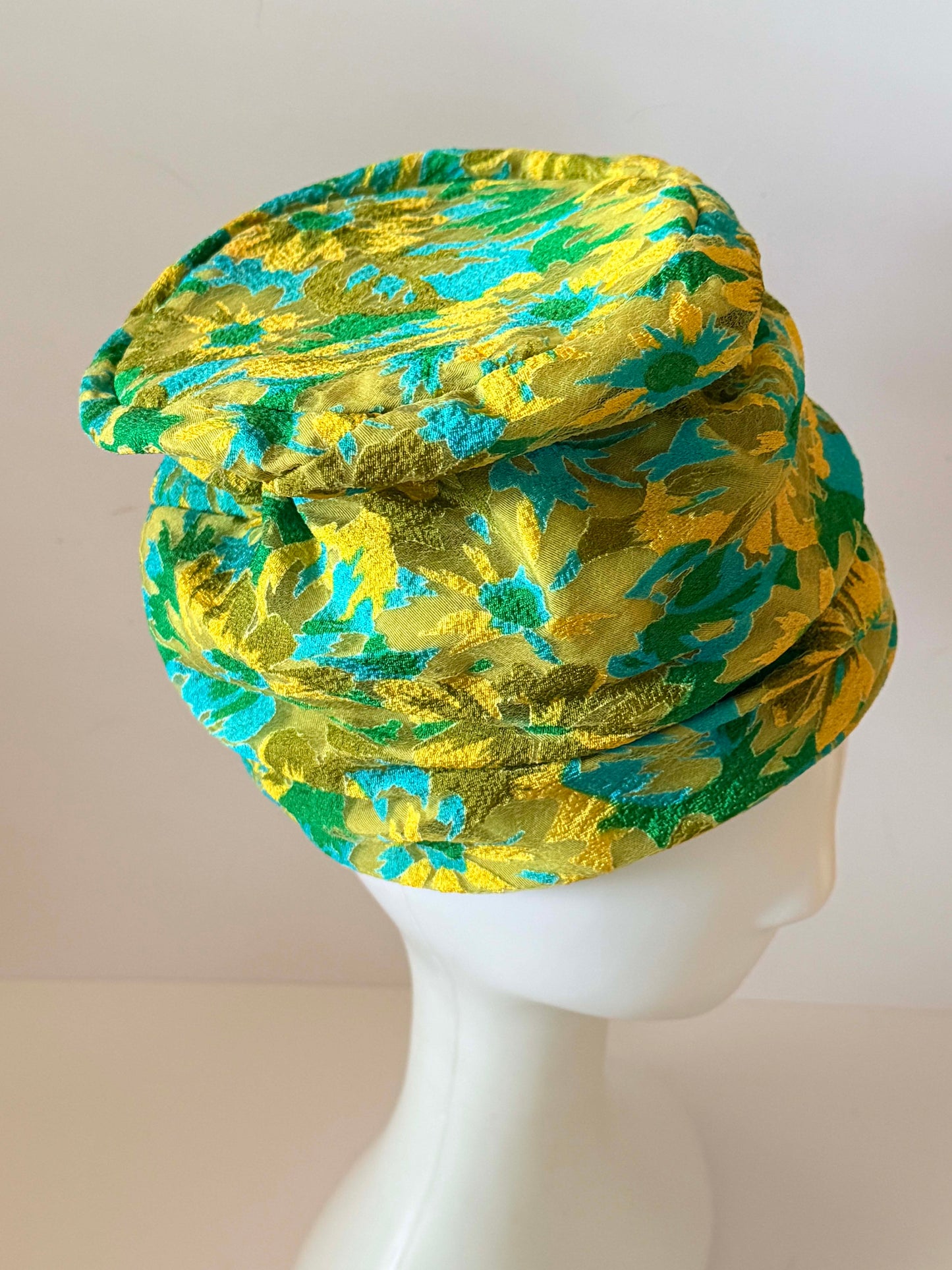 Vintage Roberta Bernays Floral Pillbox Hat | 1960s Mod Floral Turban Hat | Green Yellow Blue Brocade Cocktail Hat | Mid Century Millinery