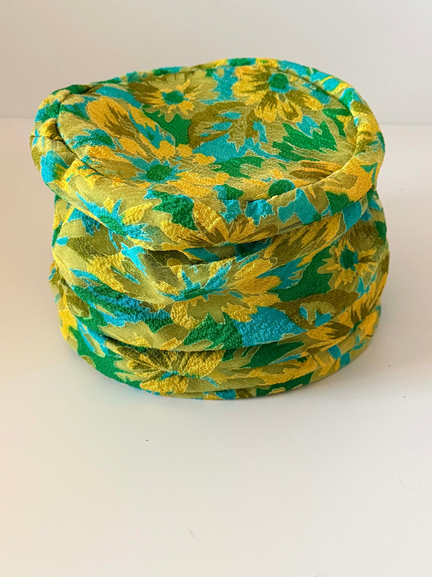 Vintage Roberta Bernays Floral Pillbox Hat | 1960s Mod Floral Turban Hat | Green Yellow Blue Brocade Cocktail Hat | Mid Century Millinery