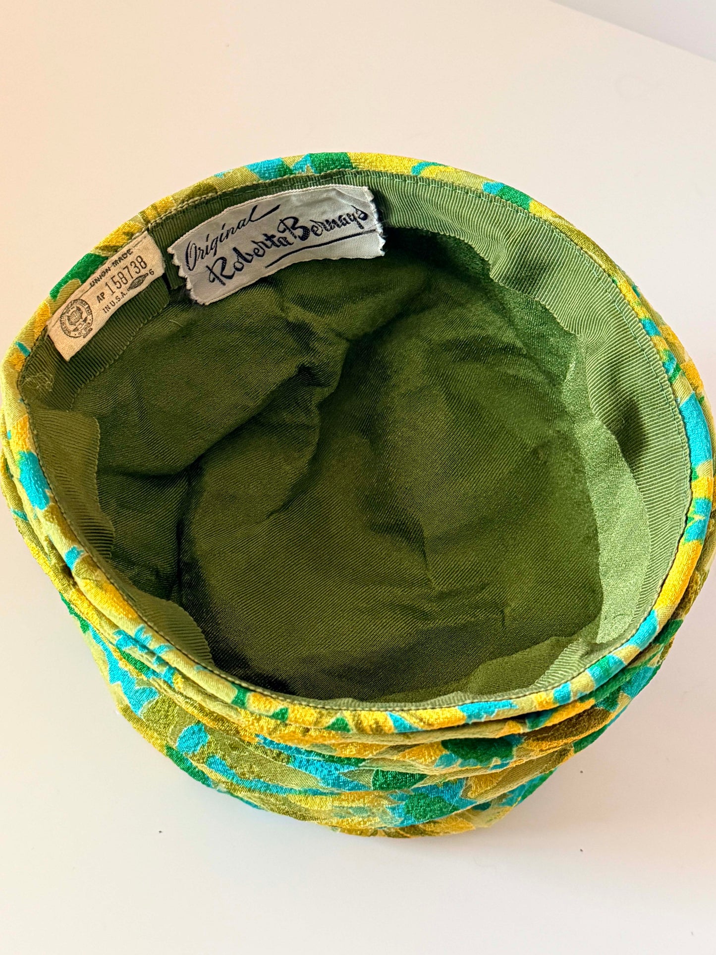 Vintage Roberta Bernays Floral Pillbox Hat | 1960s Mod Floral Turban Hat | Green Yellow Blue Brocade Cocktail Hat | Mid Century Millinery