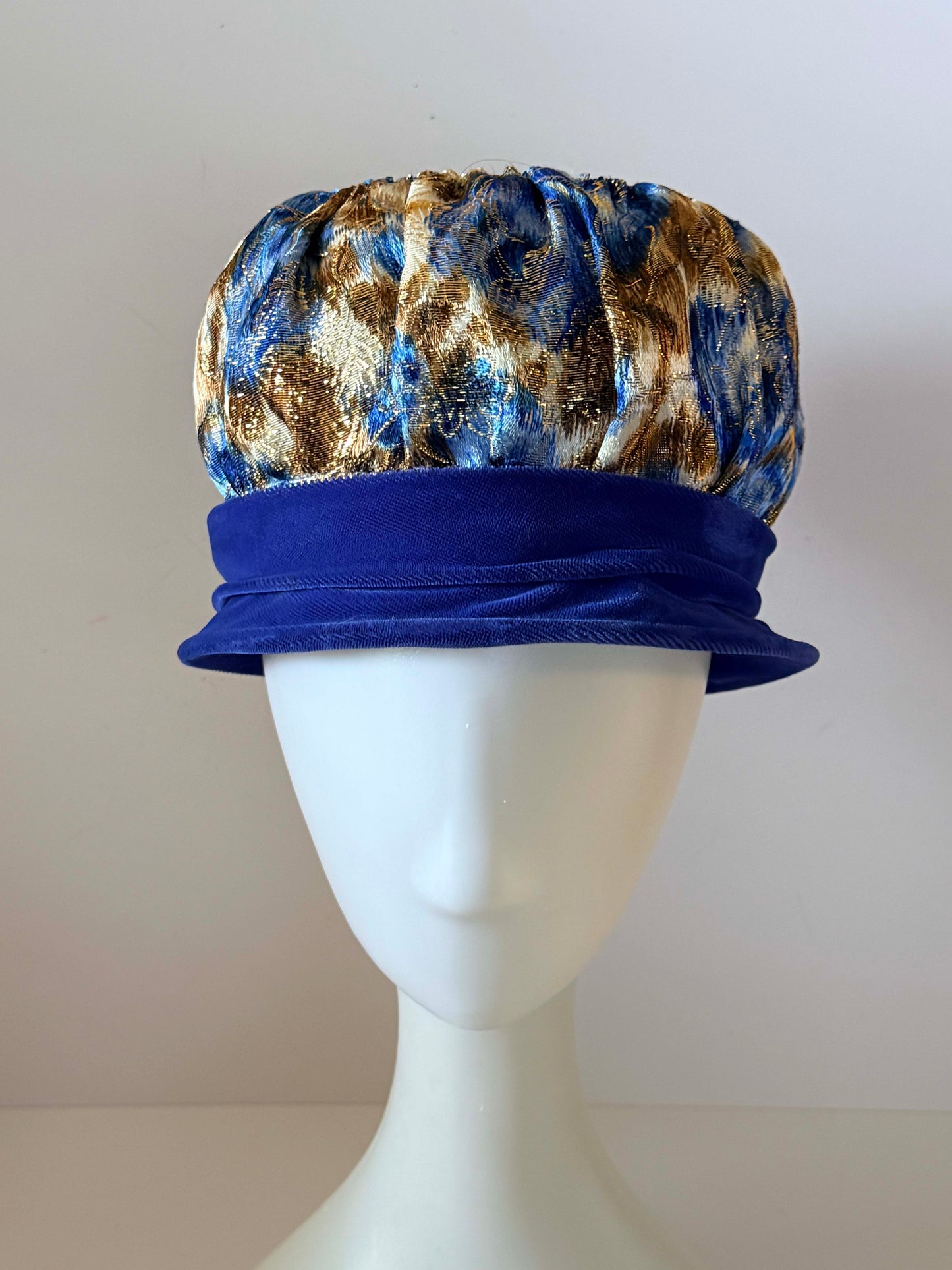 Vintage 1960s Blue & Gold Brocade Pillbox Hat | Metallic Floral Lamé Hat | Mod Cocktail Hat | Evening Occasion Hat | Royal Blue Millinery
