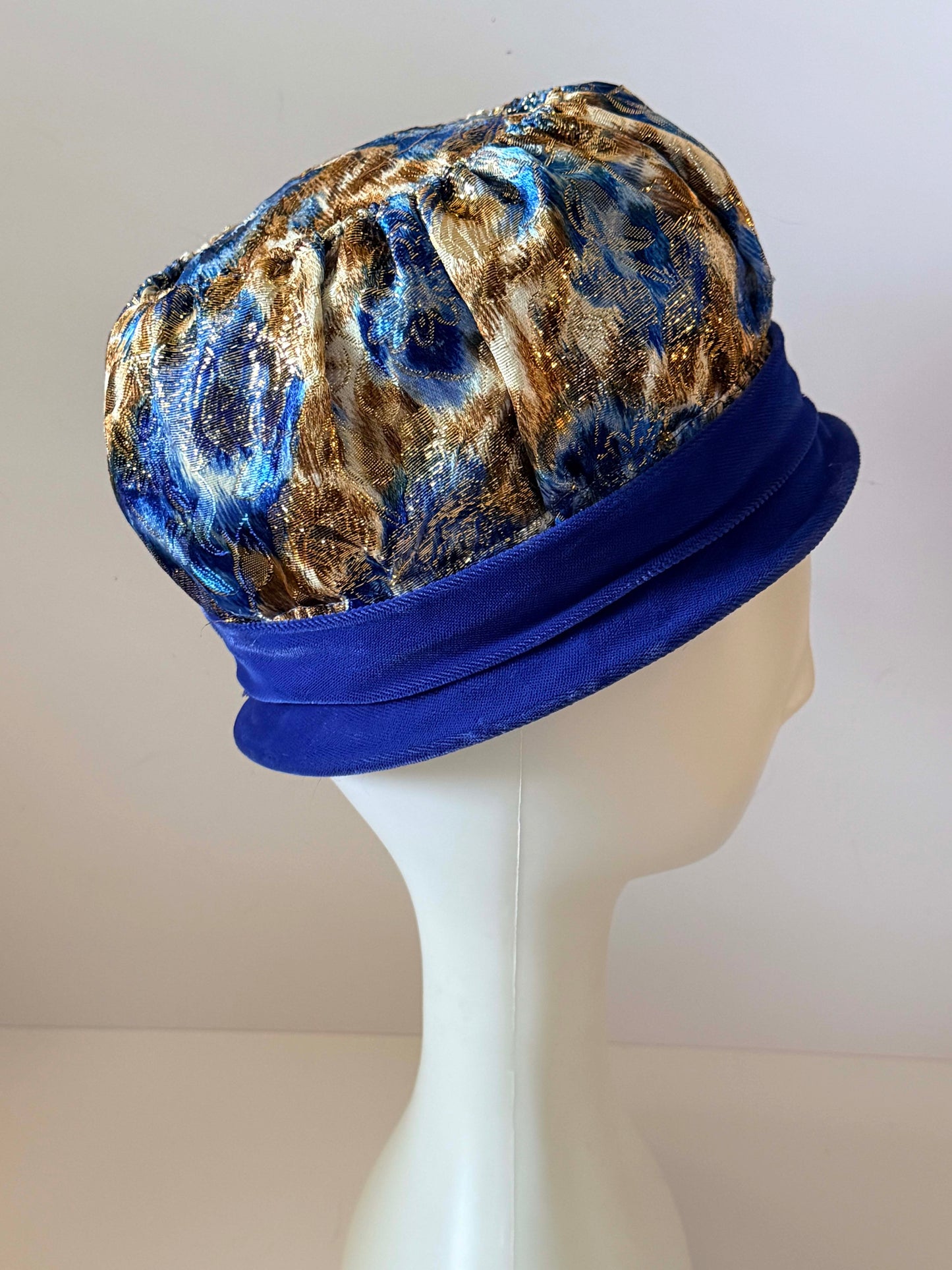 Vintage 1960s Blue & Gold Brocade Pillbox Hat | Metallic Floral Lamé Hat | Mod Cocktail Hat | Evening Occasion Hat | Royal Blue Millinery