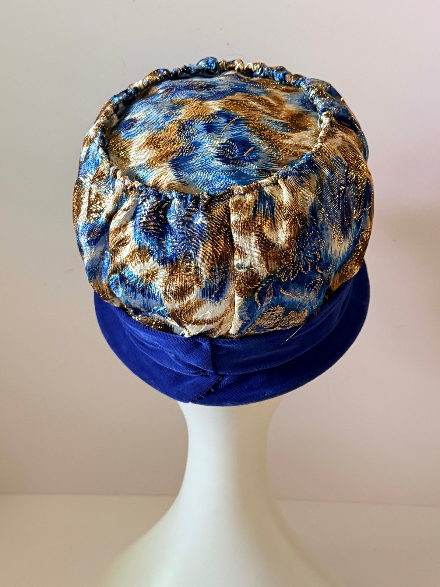 Vintage 1960s Blue & Gold Brocade Pillbox Hat | Metallic Floral Lamé Hat | Mod Cocktail Hat | Evening Occasion Hat | Royal Blue Millinery